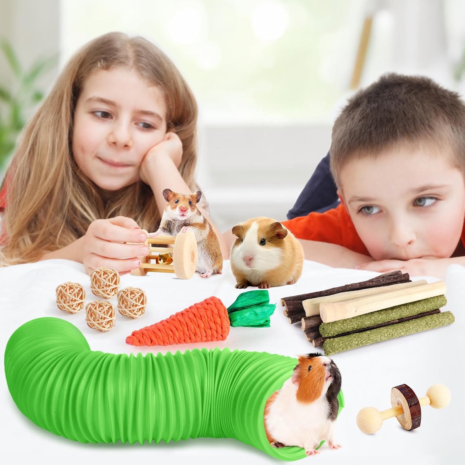 Kyouki Hamster Toys Guinea Pig Toys Set with Tunnel, Chewable Apple Wood & Natural Timothy Hay - Enrichment Chew Toys for Small Animals - 24+ Cage Accessories for Teeth Care & Boredom Relief (Green) - Happypetzone.online - Image 7