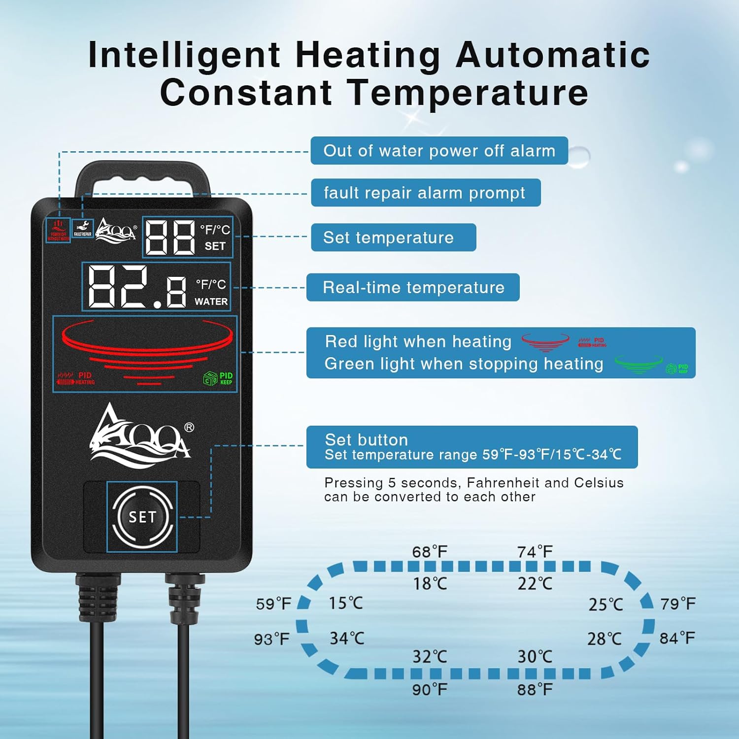 AQQA Aquarium Heater,300W 500W 800W 1000W 1200W Fish Tank Heater,59℉-93℉ Submersible Intelligence Aquarium Heater with Over-Temperature Dry Burning Protection 1000W to 135-235 Gallon - Happypetzone.online - Image 2