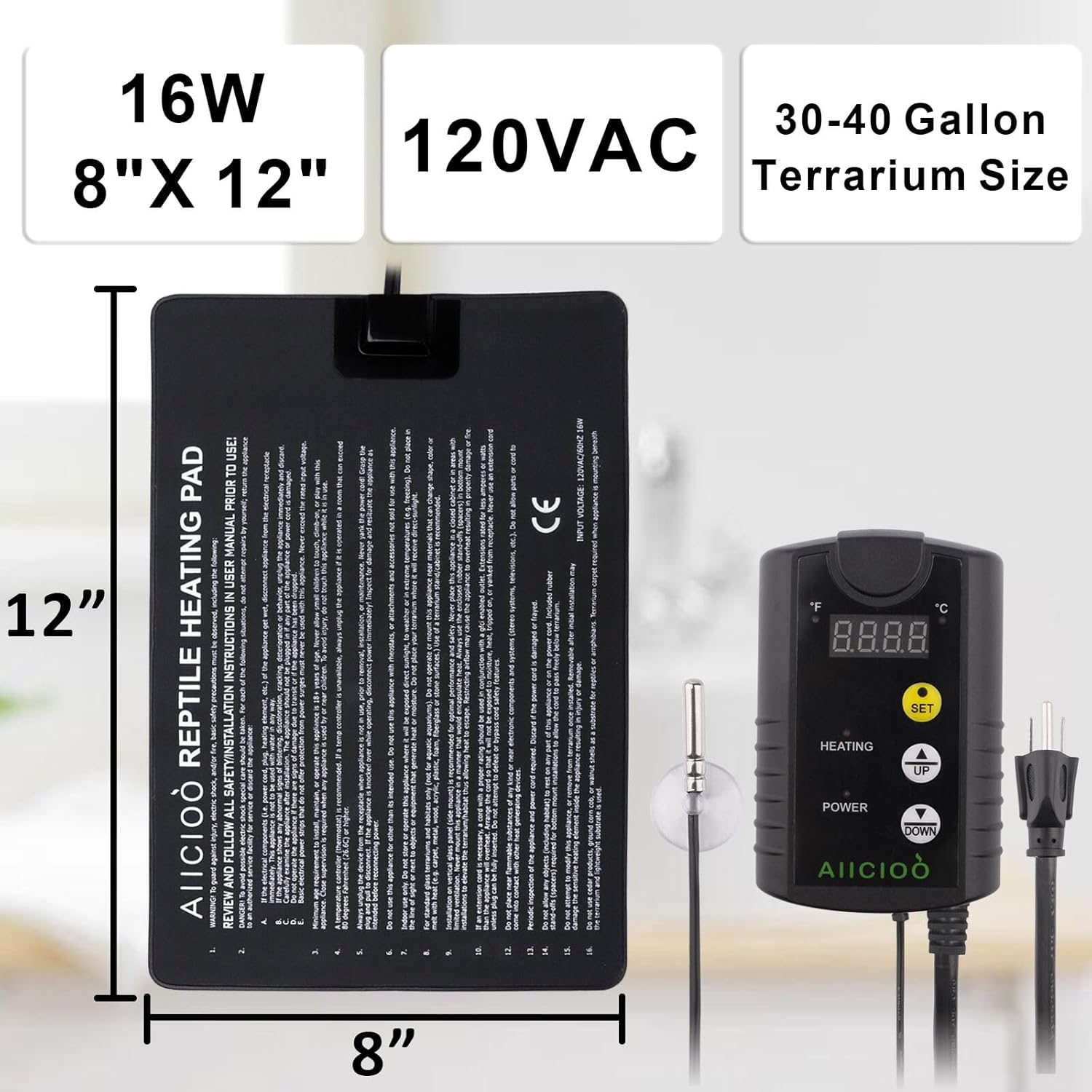 Aiicioo Under Tank Heater Thermostat - Reptile Heating Pad with Temperature Control Reptile Heat Mat for Combo Set for Hermit Crab Lizard Terrarium 16W - Happypetzone.online - Image 2