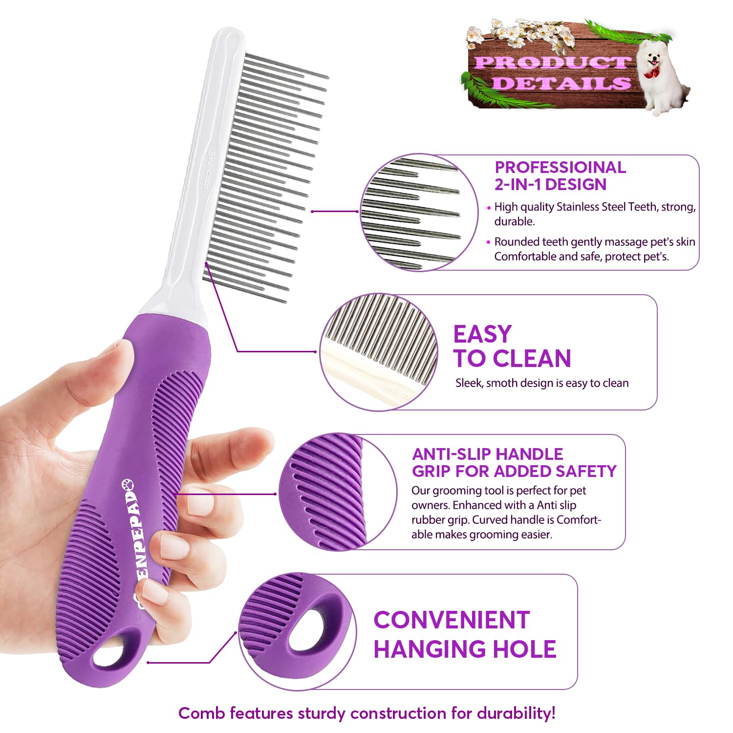 GENPEPADO Grooming Comb for Dogs and Cats with Matted Hair, Detangling Pet Comb with Long and Short Stainless Steel Metal Fine Teeth for Removing Mats, Tangles, Knots & Loose Fur from The Undercoat - Happypetzone.online - Image 2
