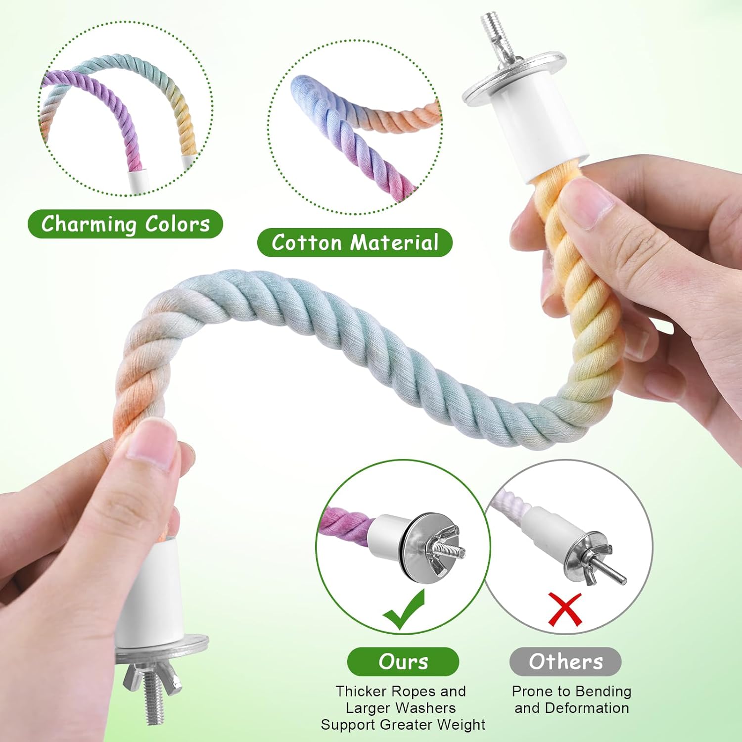 3 Pcs Bird Rope Perches Gradient Color, Bendable Parrot Bird Perch Rope Stand for Cage, Stand Climbing Stand Toy for Cockatiels, Lovebirds, Budgies, Parakeets (2 Short + 1 Long) - Happypetzone.online - Image 2