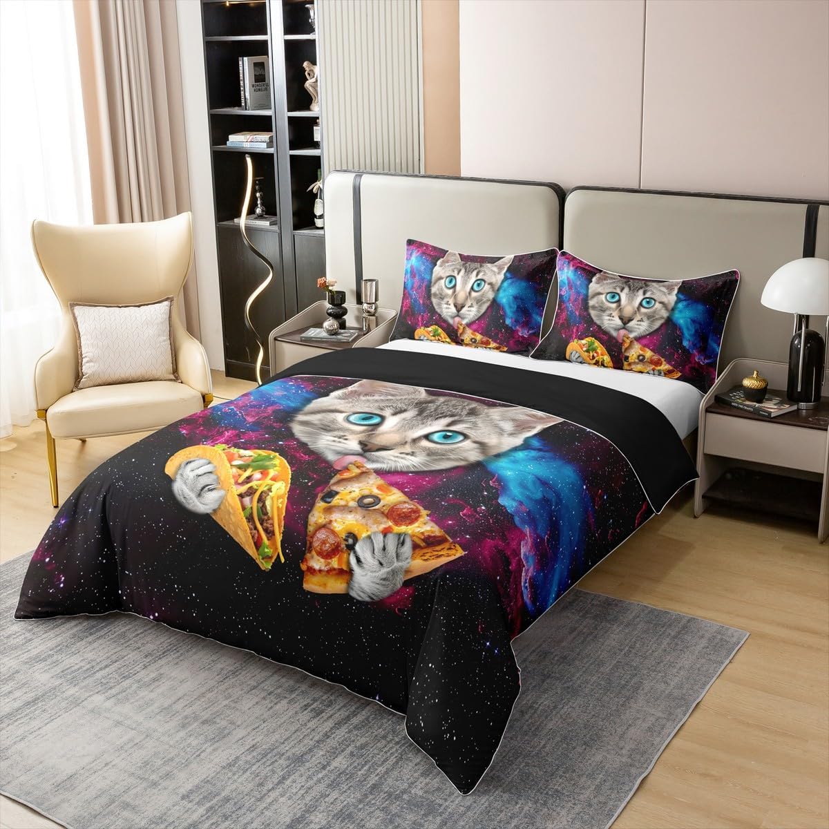 Erosebridal 100% Organic Cotton Kids Cute 3D Cat Duvet Cover Queen Size,Pizza Food Bedding Set,Outer Space Universe Comforter Cover,Kawaii Pet Animal Bedspread Cover with 2 Pillowcases,Soft Warm - Happypetzone.online - Image 3