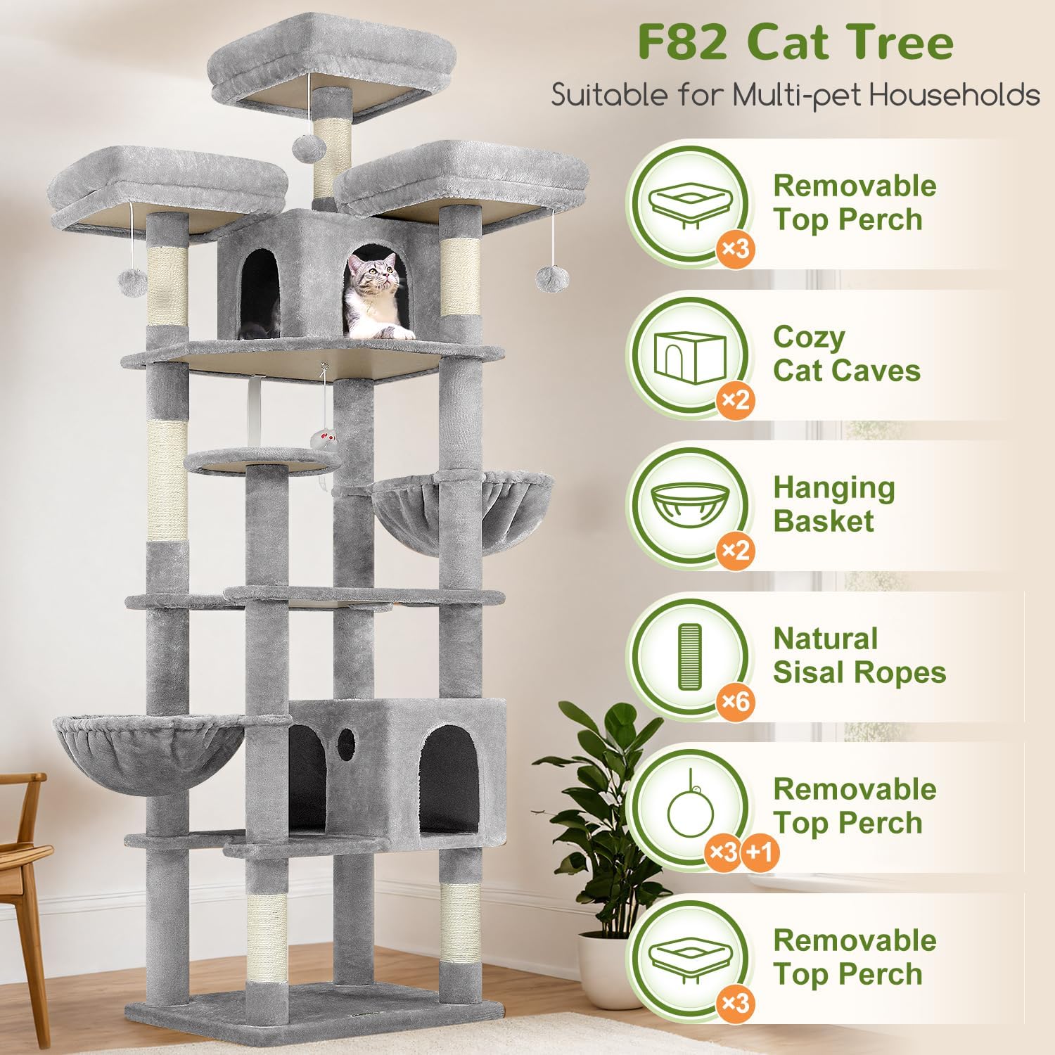 Globlazer Cat Trees and Towers for Multiple Adult Cats, 82-inch XXL Tall Cat Tree Tower for Indoor Cats with Scratching Post, 3 Perches, 2 Condos, 2 Hanging Baskets, F82, Light Grey - Happypetzone.online - Image 2