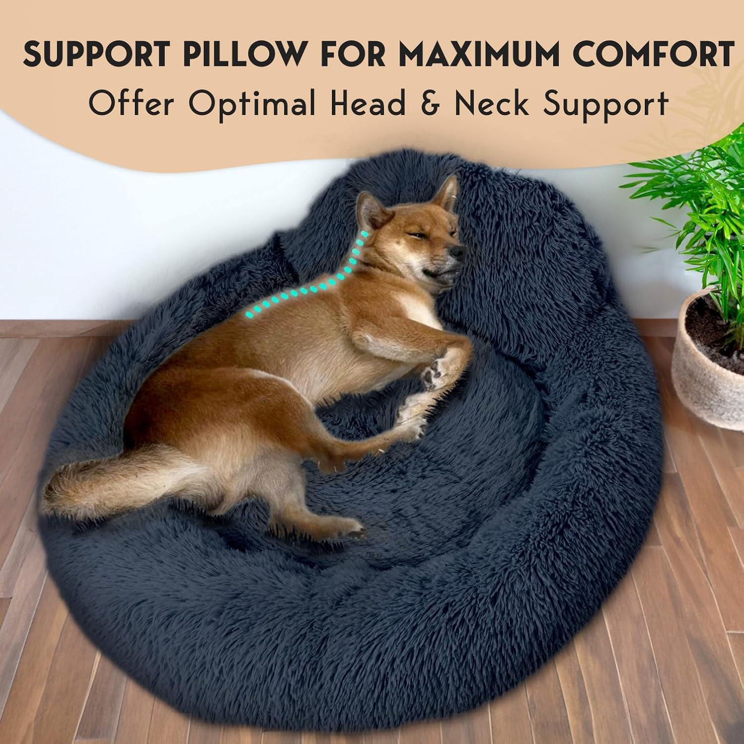 PetJett Calming Dog Bed Medium Size Dog - 30'' Donut Bed, Washable Dog Bed, Anti-Slip & Super Soft Fluffy Plush Round Dog Bed, Anti-Anxiety Premium Comfort Pet Bed, Fits Dogs Upto 45 lbs - Dark Grey - Happypetzone.online - Image 2