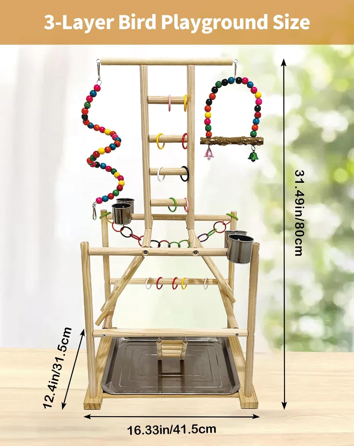 Bird Play Stand, Large Parakeet Playground, Natural Wood Parrot Perch Stand, Birds Play Gym Cockatoos Cage Accessories with Feeder Cups Swings for Cockatiel Budgie Conure - Happypetzone.online - Image 2