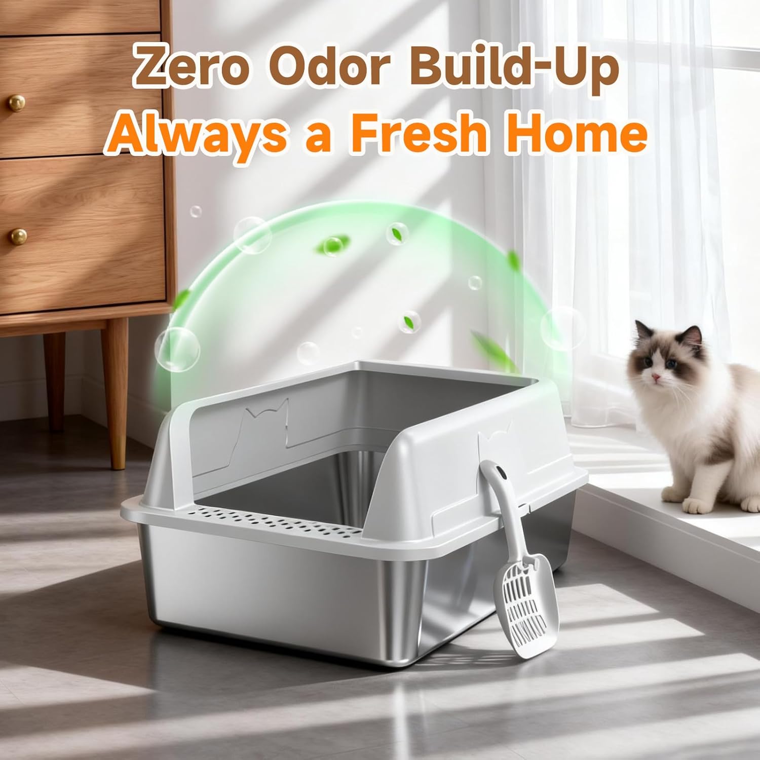 Stainless Steel Cat Litter Box XL for Big Cats, High-Sided Design Prevents Urine Leakage, Non-Stick, Easy to Clean, Includes Scoop, Gray - Happypetzone.online - Image 3