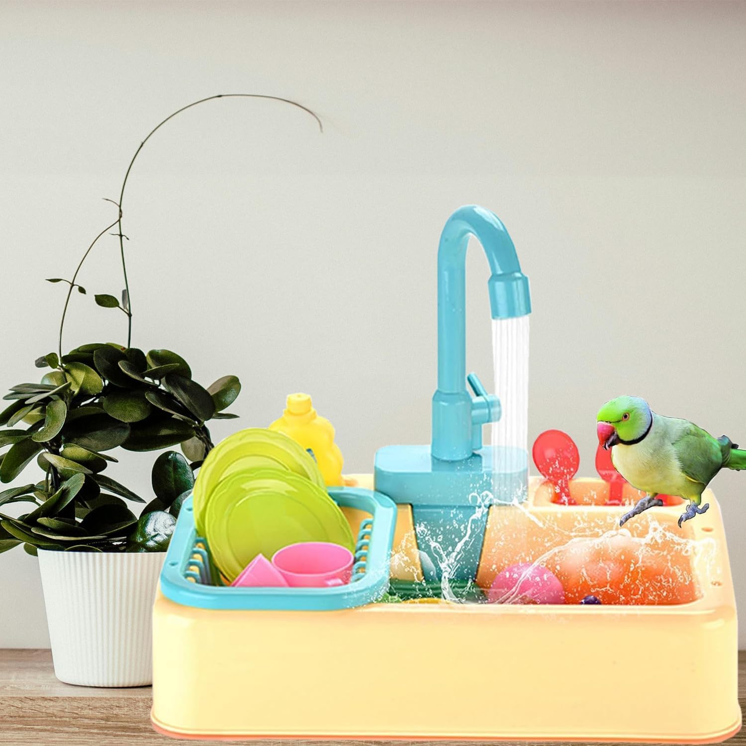 Parrot Bird Bathtub Shower Box Bathing Tub Container Cage, Automatic Pet Bird Bath with Faucet, Ferret Bathtub Swimming Pool Bath Shower Water Dispenser for Small Medium Parakeet Cleaning (Yellow) - Happypetzone.online - Image 6