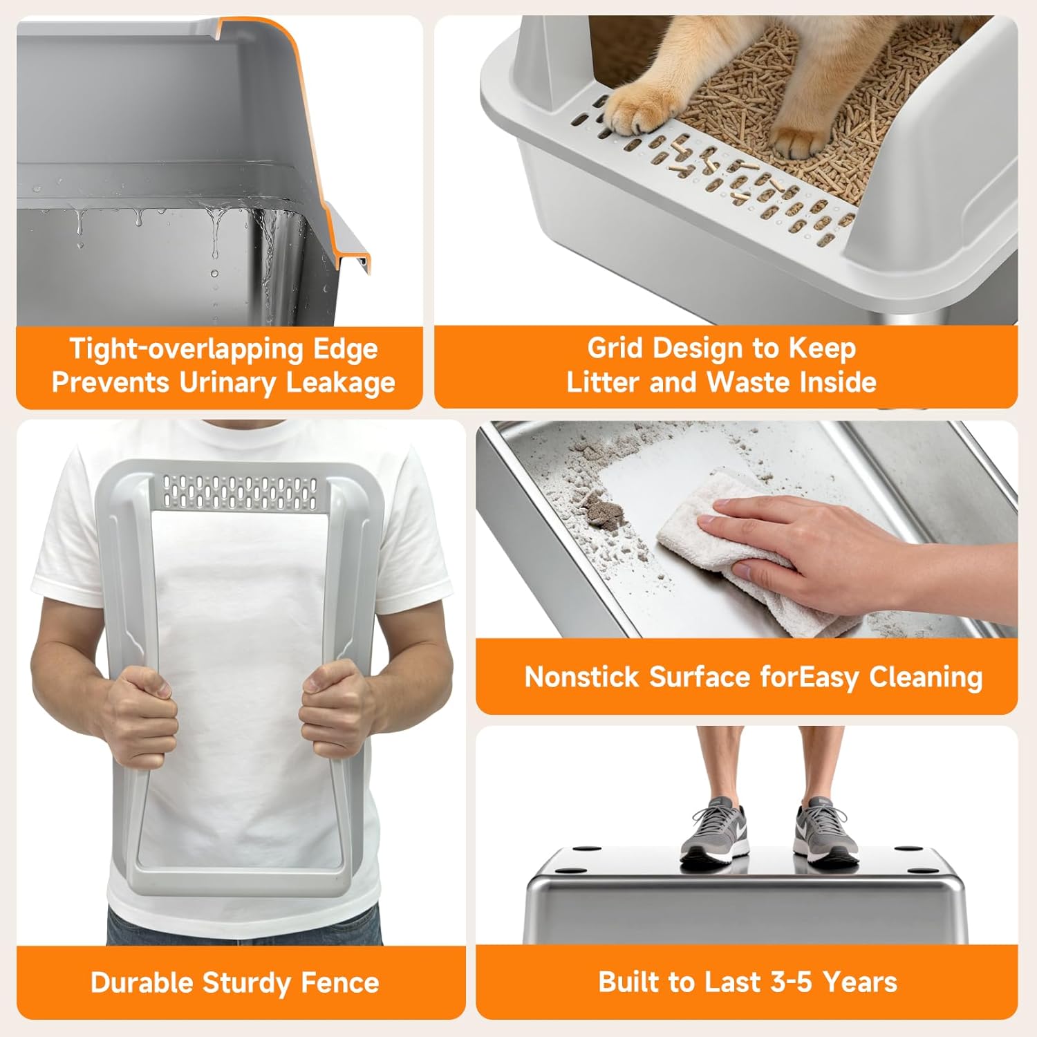 Stainless Steel Cat Litter Box XL for Big Cats, High-Sided Design Prevents Urine Leakage, Non-Stick, Easy to Clean, Includes Scoop, Gray - Happypetzone.online - Image 6