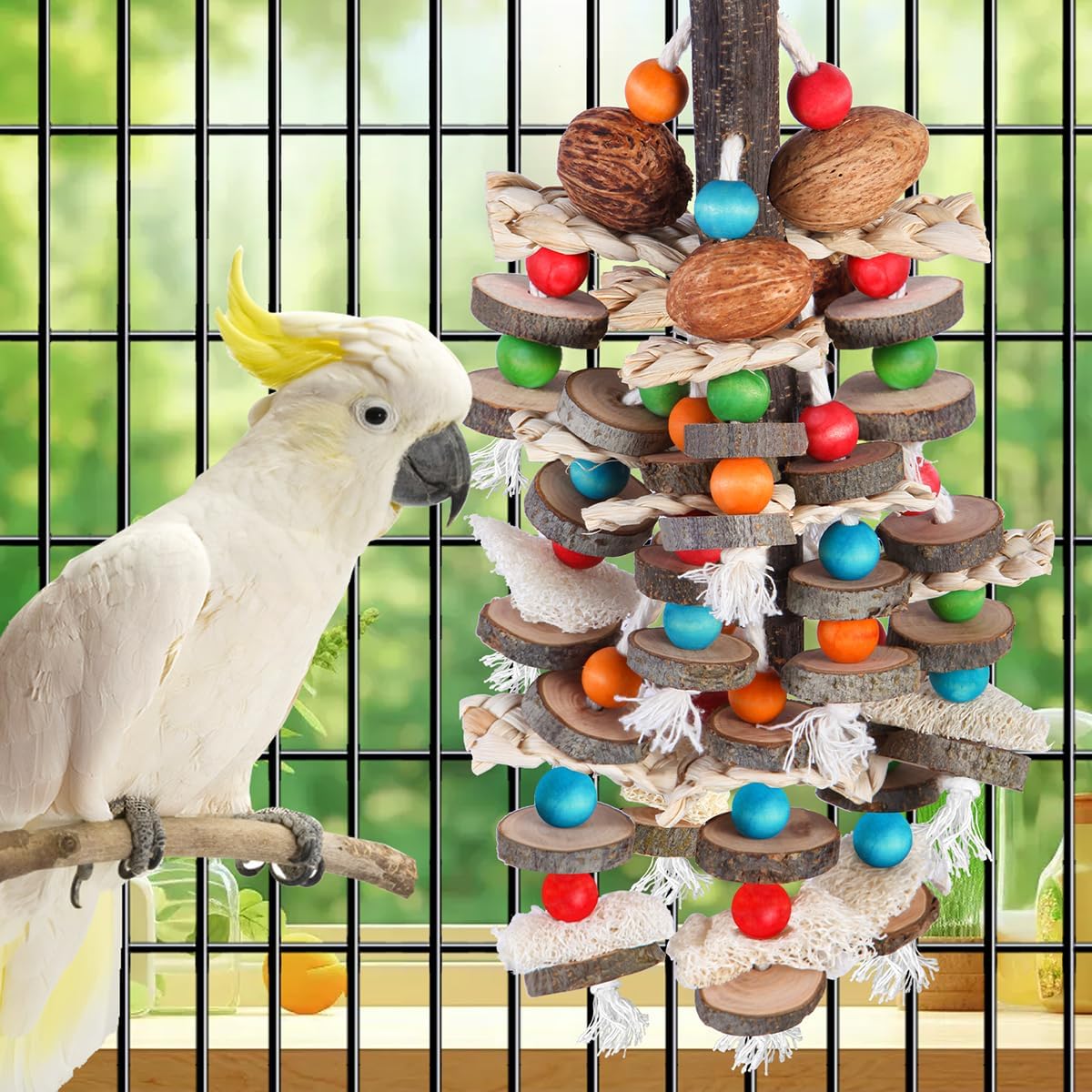BBjinronjy Large Parrot Toys Bird Chewing Toys-Natural Nuts Corn Loofah Wooden Bird Cage Toy for African Grey,Macaws,Conure,Cokatoos,Cockatiel,Amazon Parrots and Other Medium and Small Birds - Happypetzone.online - Image 2