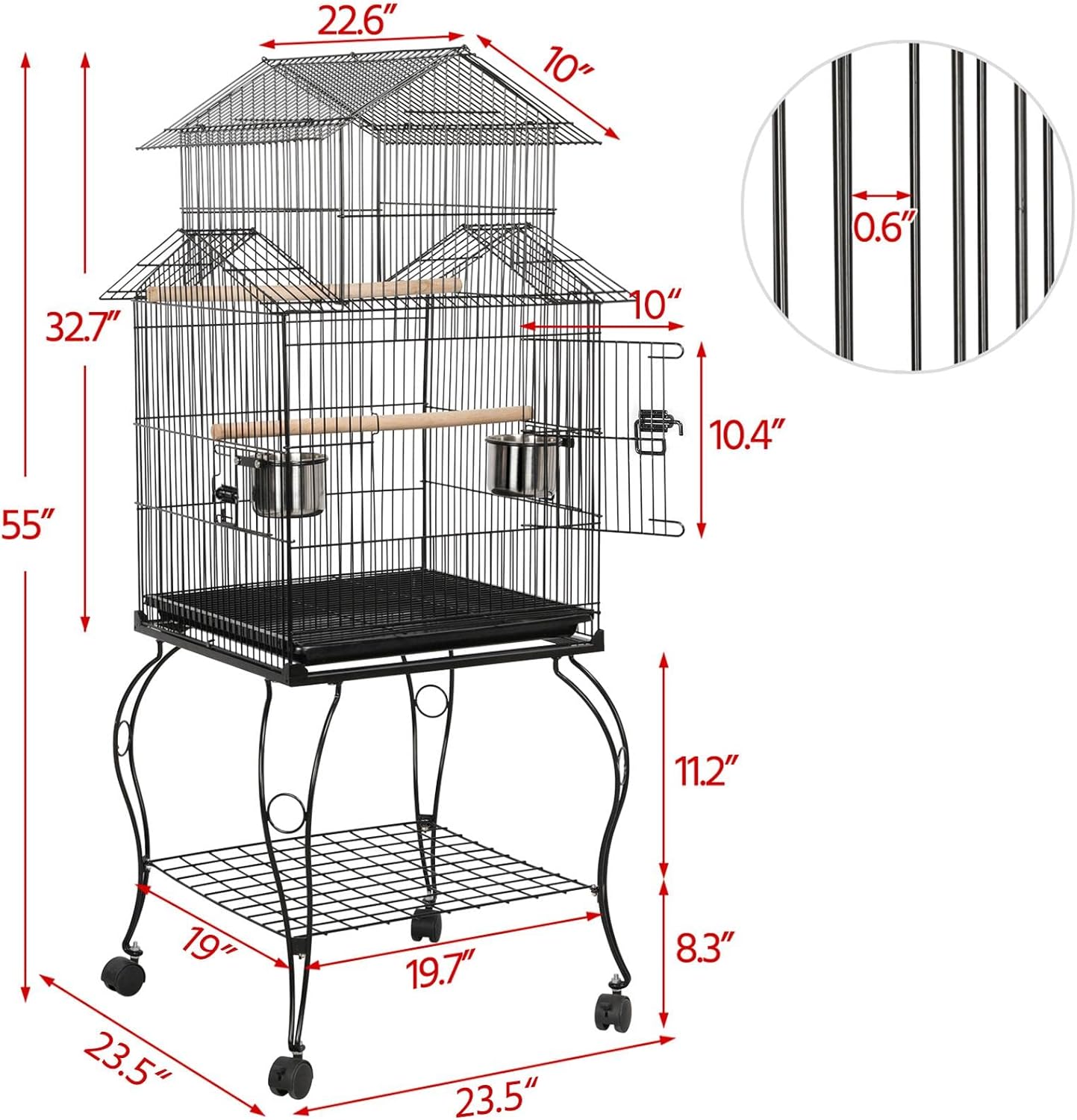 Yaheetech Budgie Cage 55-inch Rolling Standing Triple Roof Medium Parrot Cage Pet Bird Cage with Detachable Stand for Cockatiels Sun Parakeets Green-cheeked Conures Macaw - Happypetzone.online - Image 2