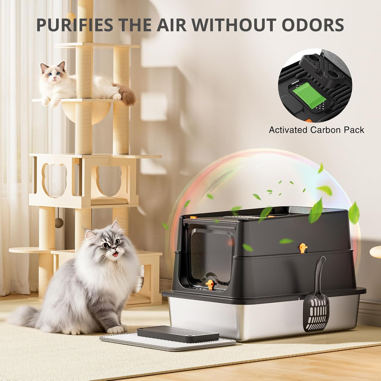 Stainless Steel Cat Litter Box, XL Enclosed Cat Litter Box with Lid, Easy to Clean High-Sided Metal Kitty with Top Entry, Scoop, Mat, Brush & Foot Pedal-Black - Happypetzone.online - Image 4