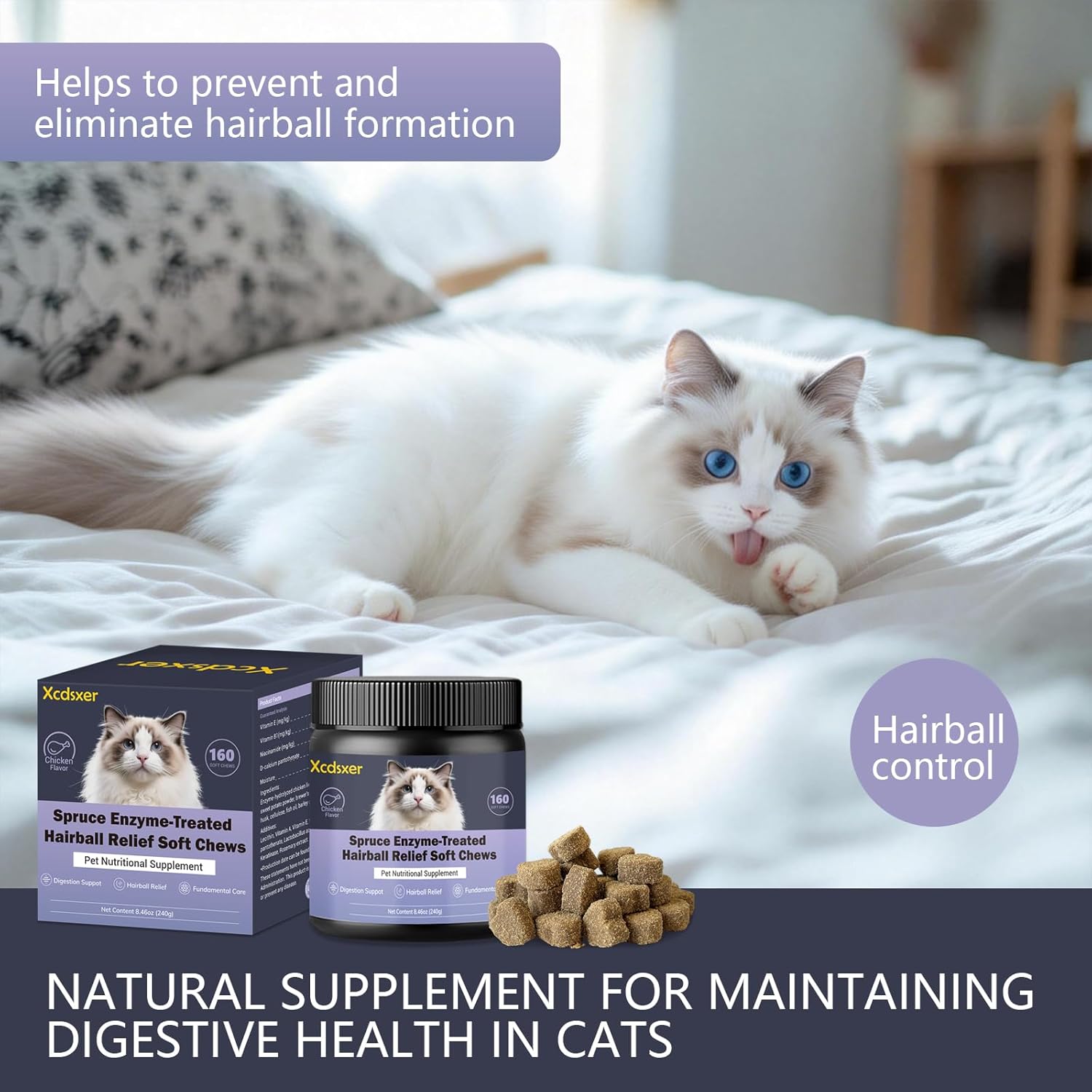 Hairball Control Soft Chews for Cats, Chicken Flavor - Reduces Hairballs & Shedding, Supports Skin & Coat Health, with Apple Pomace & Psyllium Husk, for All Ages - Happypetzone.online - Image 6