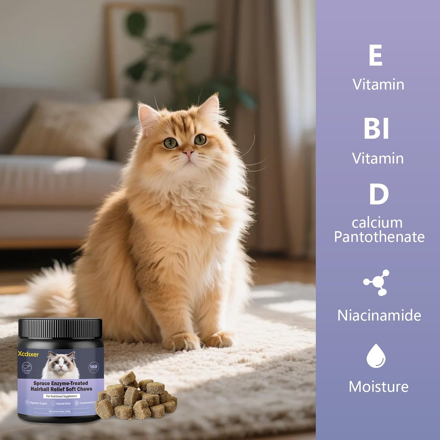 Hairball Control Soft Chews for Cats, Chicken Flavor - Reduces Hairballs & Shedding, Supports Skin & Coat Health, with Apple Pomace & Psyllium Husk, for All Ages - Happypetzone.online - Image 4