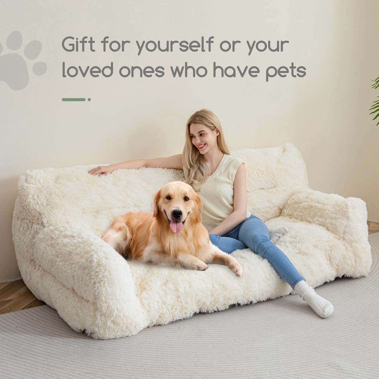 HIGOGOGO Giant Human Dog Sofa Bed, Big Comfy Floor Sofa Couch for Pet Families with Foam Chunk Supportive Mat, Fluffy Faux Fur Orthopedic Dog Bed for Human, XXXL Size, Beige - Happypetzone.online - Image 5