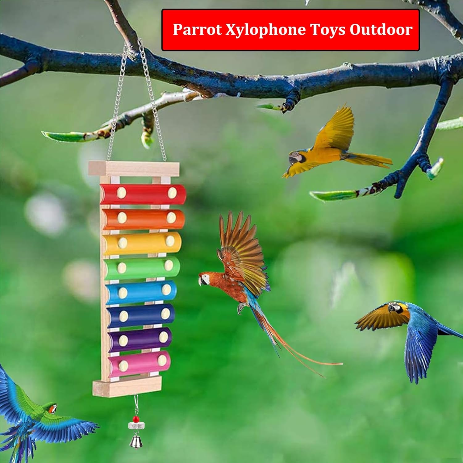 Large Parrot Suspensible Xylophone Toy, Multicolored Natural Wooden Bird Chewing Toys with Grinding Stone for Large, Medium Birds, Macaws, African Grey, Cockatoos, Amazon - Happypetzone.online - Image 3