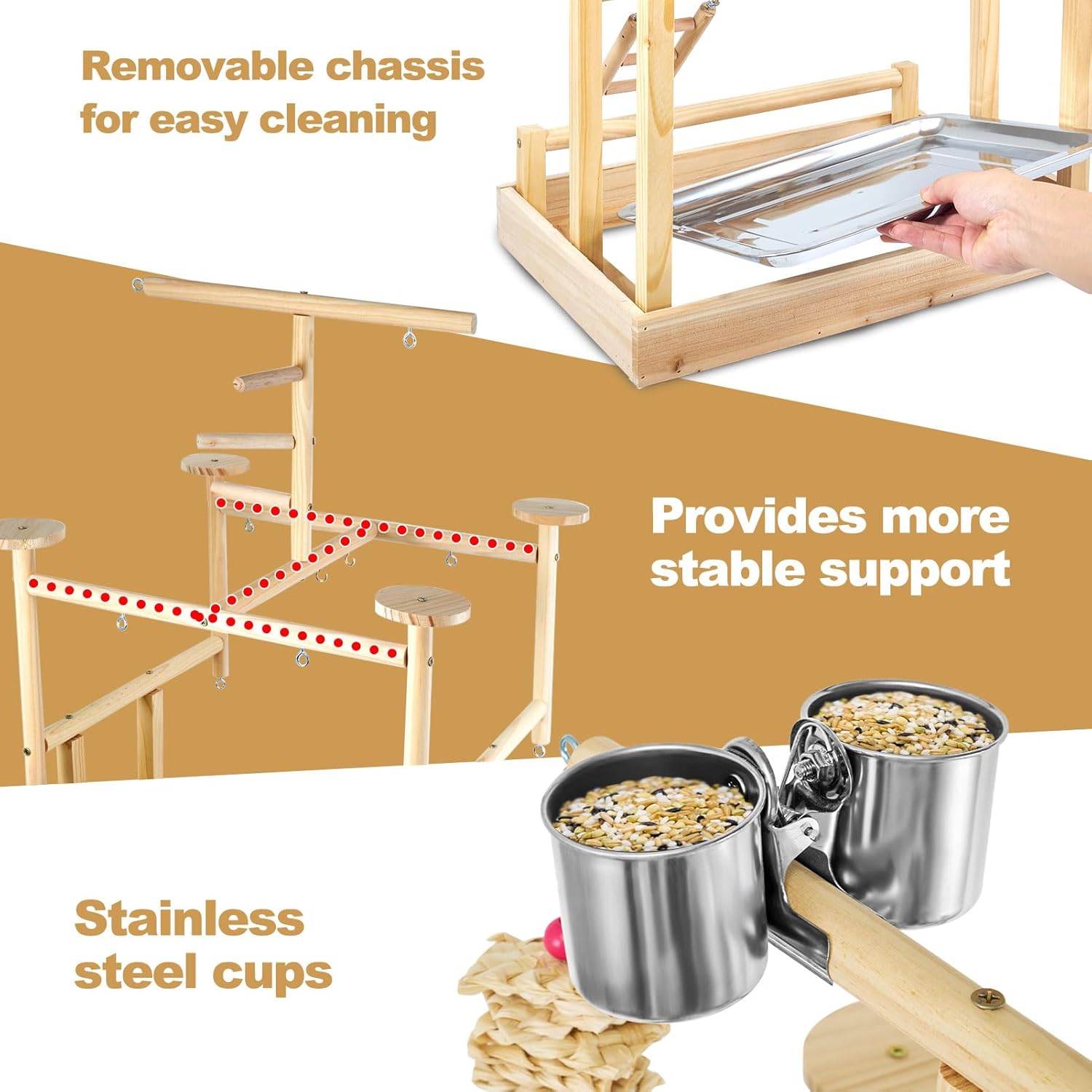 LIMIO Bird Playground - Natural Wood Parrot Playstand with Perches, Bird Play Gym & Accessories, Removable Tray & 4 Stainless Steel Cups - Happypetzone.online - Image 2