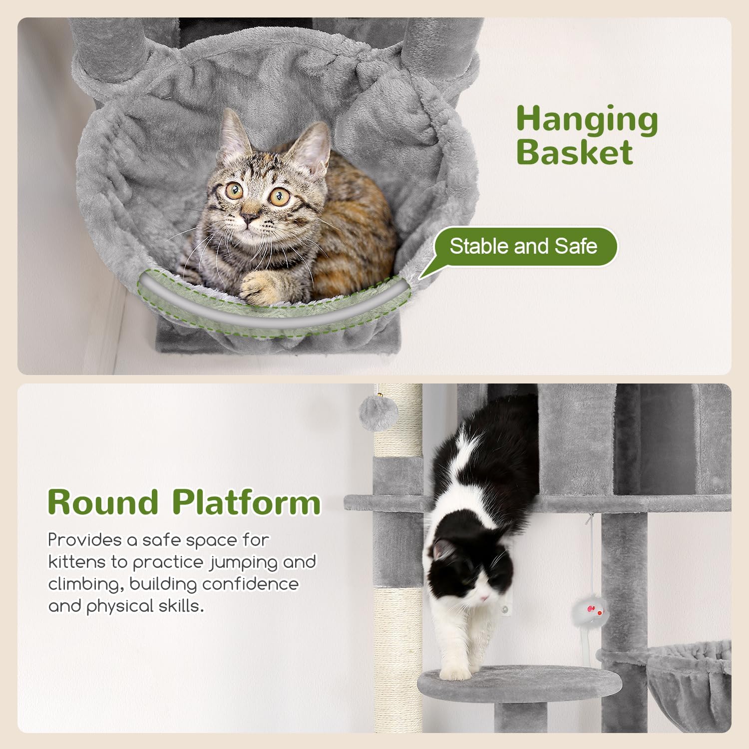 Globlazer Cat Trees and Towers for Multiple Adult Cats, 82-inch XXL Tall Cat Tree Tower for Indoor Cats with Scratching Post, 3 Perches, 2 Condos, 2 Hanging Baskets, F82, Light Grey - Happypetzone.online - Image 5