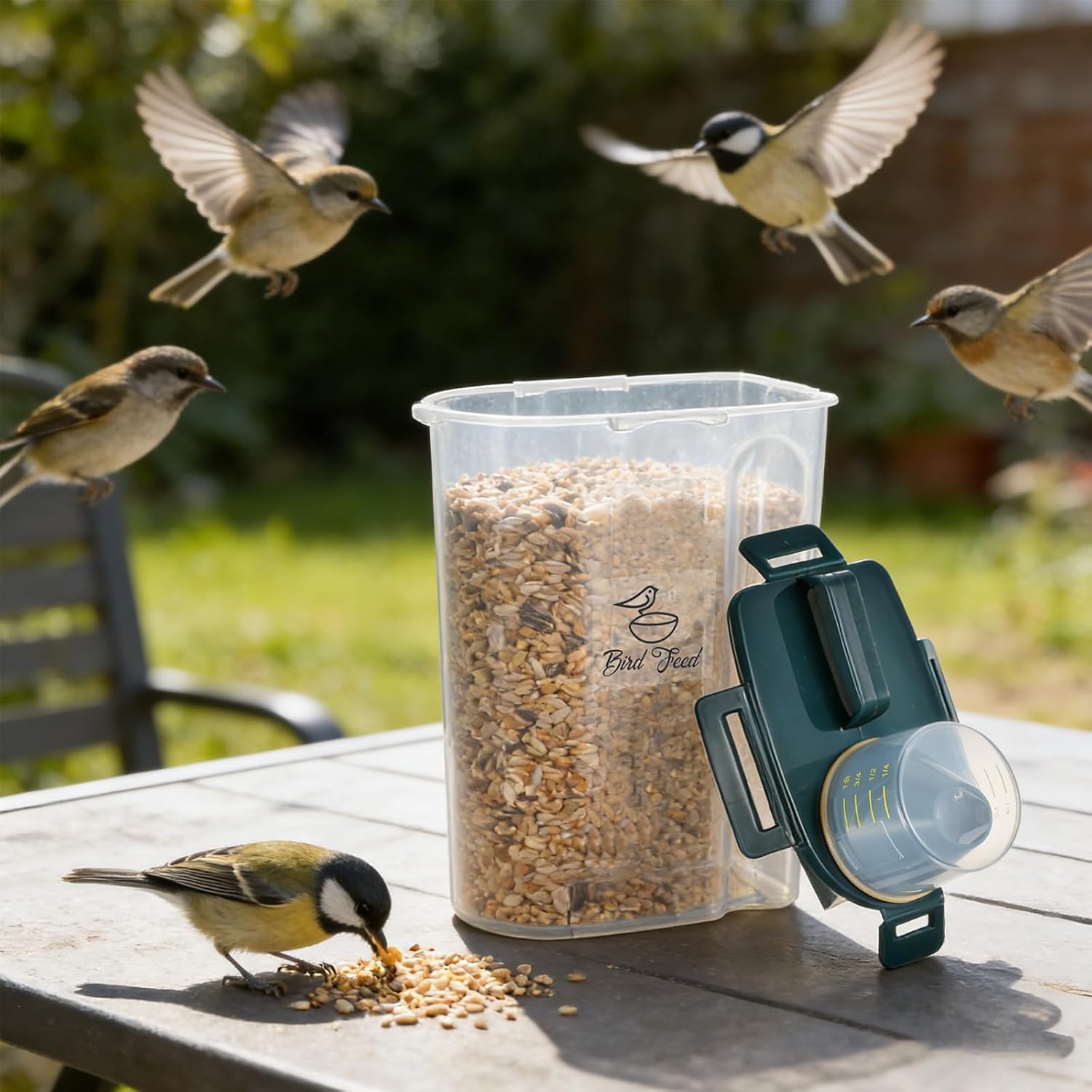 2 Pcs 3.17 Qt/3 L Bird Seed Storage Container Airtight- Portable Bird Food Container with Airtight Measuring Cup, Clear Pet Parrot Seed Dispenser for Birds Food Chicken Feed Storage, Blue Lid - Happypetzone.online - Image 2