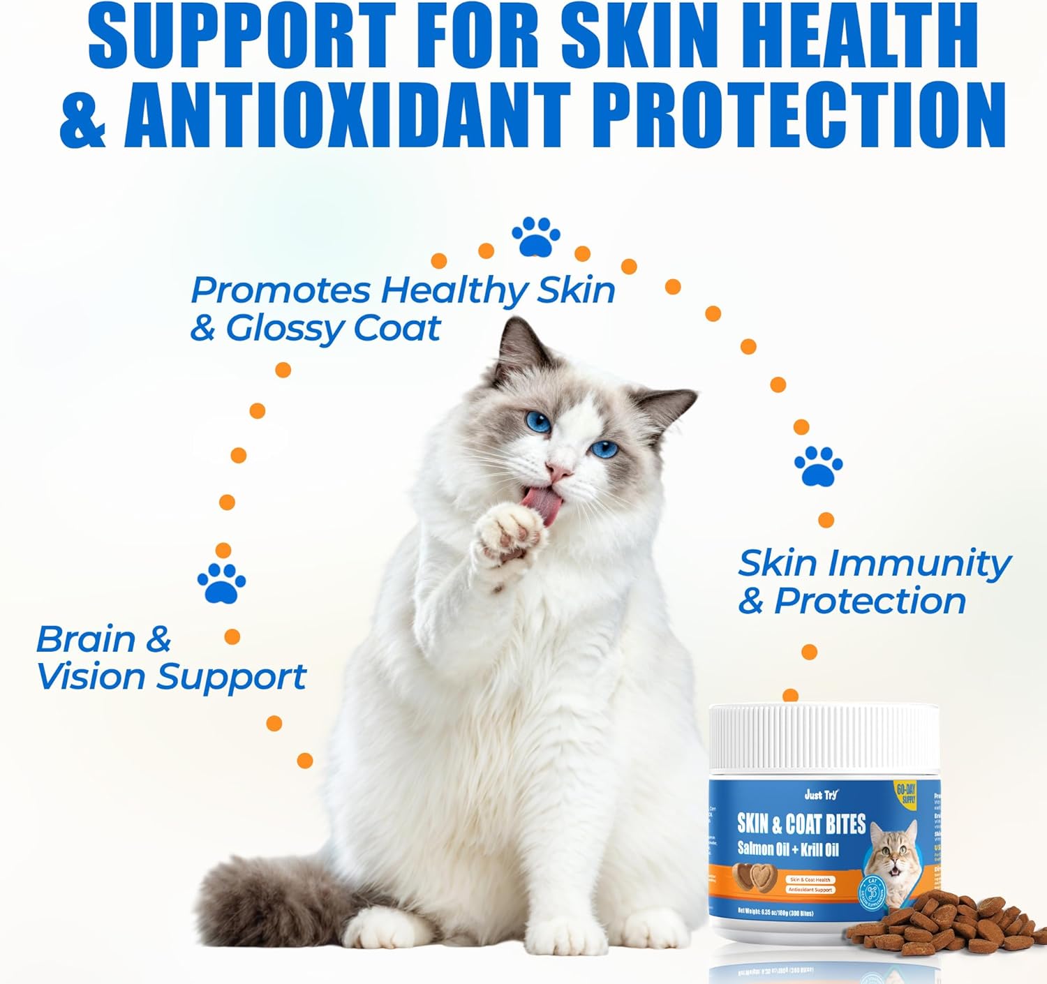 Just Try 300 Bites Skin and Coat Healthy Cat Vitamins for Indoor Cats Omega 3 for Cats Salmon Oil Supplements- Cat Itchy Skin Relief - Happypetzone.online - Image 3
