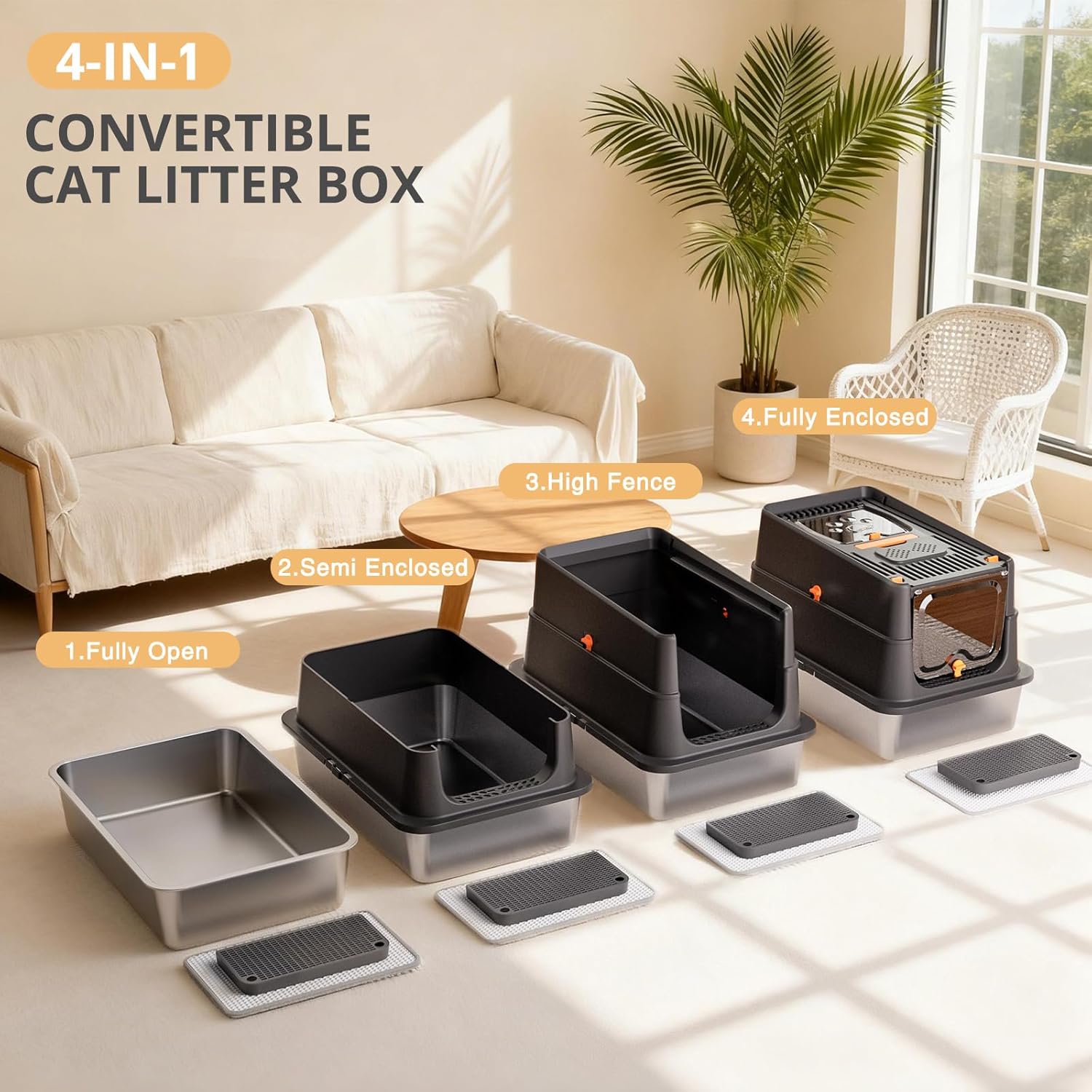 Stainless Steel Cat Litter Box, XL Enclosed Cat Litter Box with Lid, Easy to Clean High-Sided Metal Kitty with Top Entry, Scoop, Mat, Brush & Foot Pedal-Black - Happypetzone.online - Image 5
