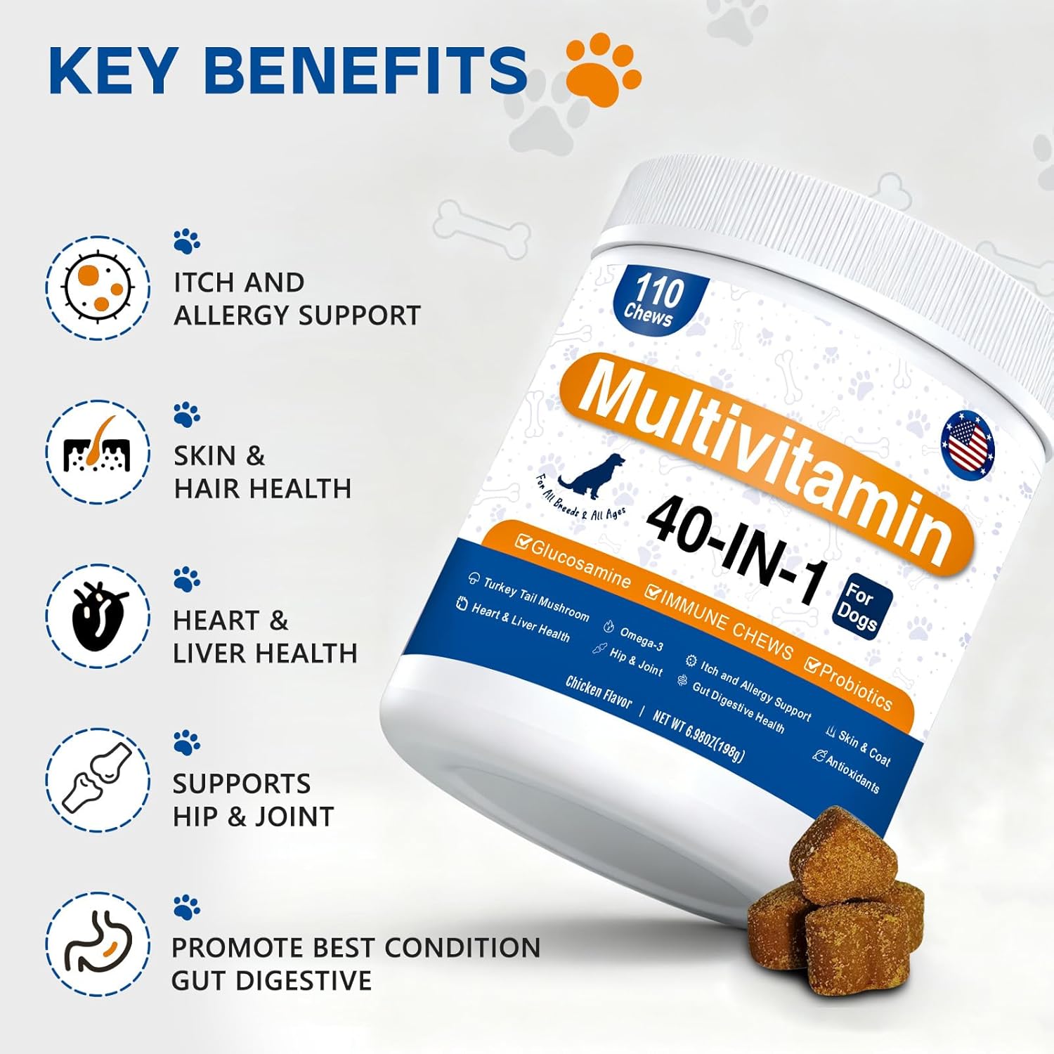 Dog Multivitamin, 40-in-1 Dog Vitamins and Supplements Chewable Contain Probiotics Omega-3 Glucosamine, Multivitamin for Dogs Skin Coat Heart Joint Liver Brain Eyes Immune Support (110ct) - Happypetzone.online - Image 4