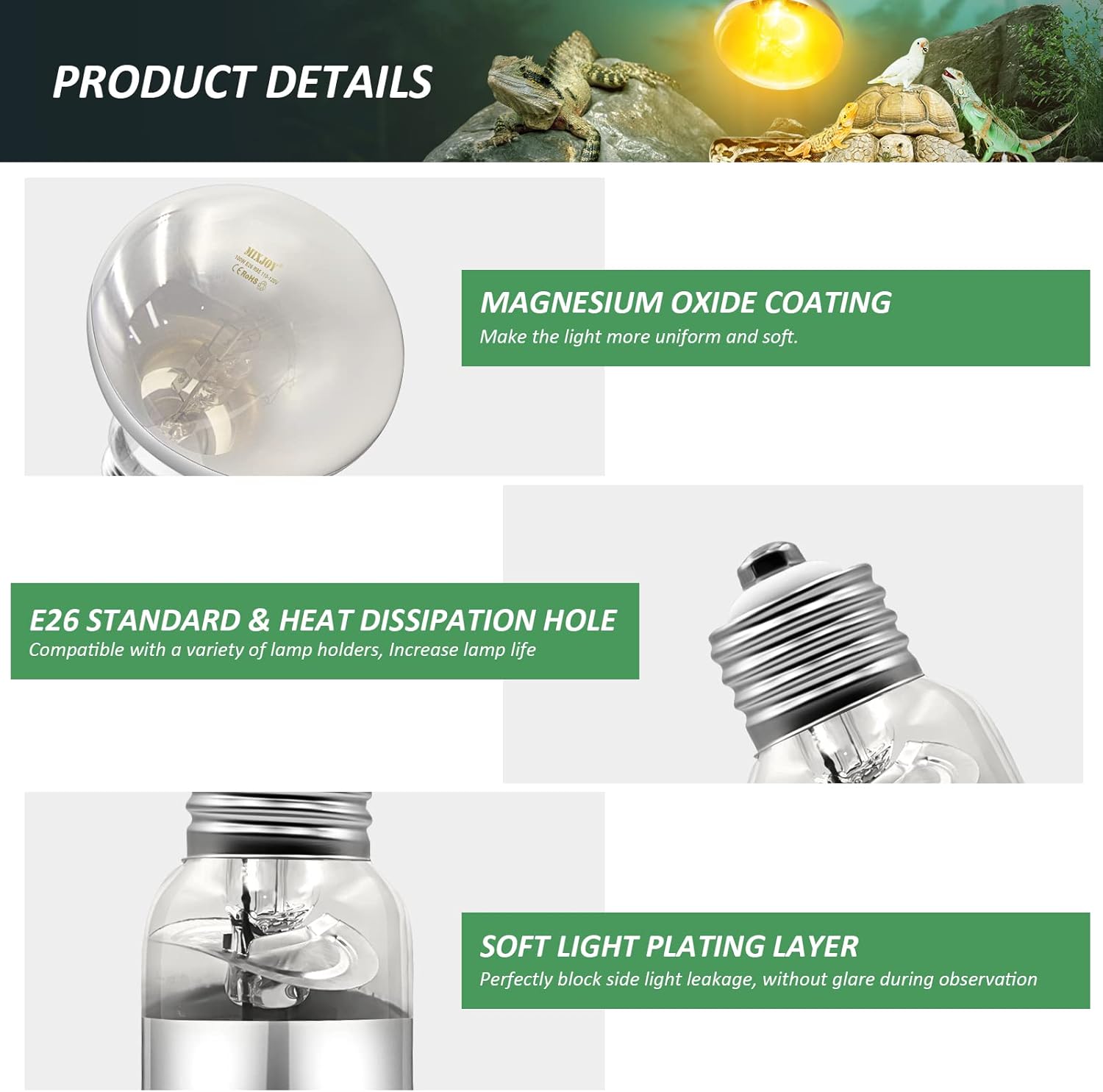 MIXJOY 2 Pack 100W Reptile Heat Lamp Bulb Full Spectrum UVA UVB Sun Light for Reptile and Amphibian Use - Happypetzone.online - Image 4