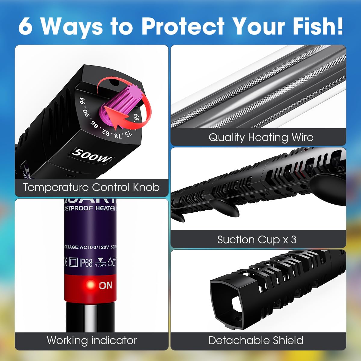 MQ Submersible Aquarium Heater Auto Thermostat, 500W Fish Tank Heater with LCD Digital Aquarium Thermometer, Shatter-Proof and Blast-Proof - Happypetzone.online - Image 3