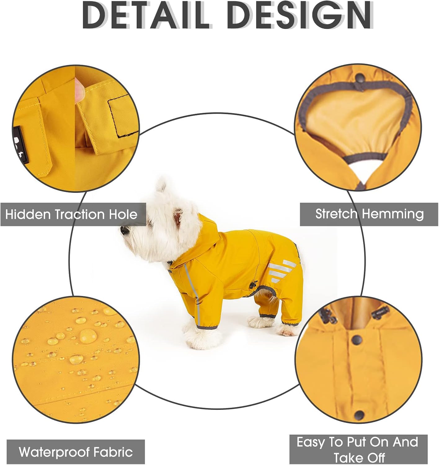 Dog Raincoat, Waterproof Dog Rain Jacket with Hood, Rain Coat with Leash Hole, Reflective Strap for Small Medium Dogs, Outdoor Adventures/Walking Lightweight Puppy (Yellow,M) - Happypetzone.online - Image 2