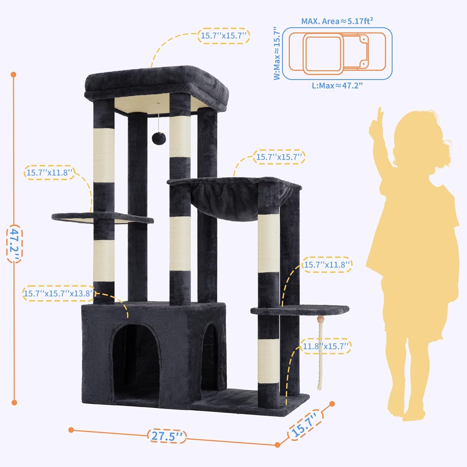 Heybly Heavy Duty Cat Tree, Tower for Indoor Cats large adult, Tall Cat Condo House with Extra-Large Baseboard, Multi-Level Plush Furniture with Scratching Posts, Hammock,Toy Balls, Smoky Gray HCT026G - Happypetzone.online - Image 6