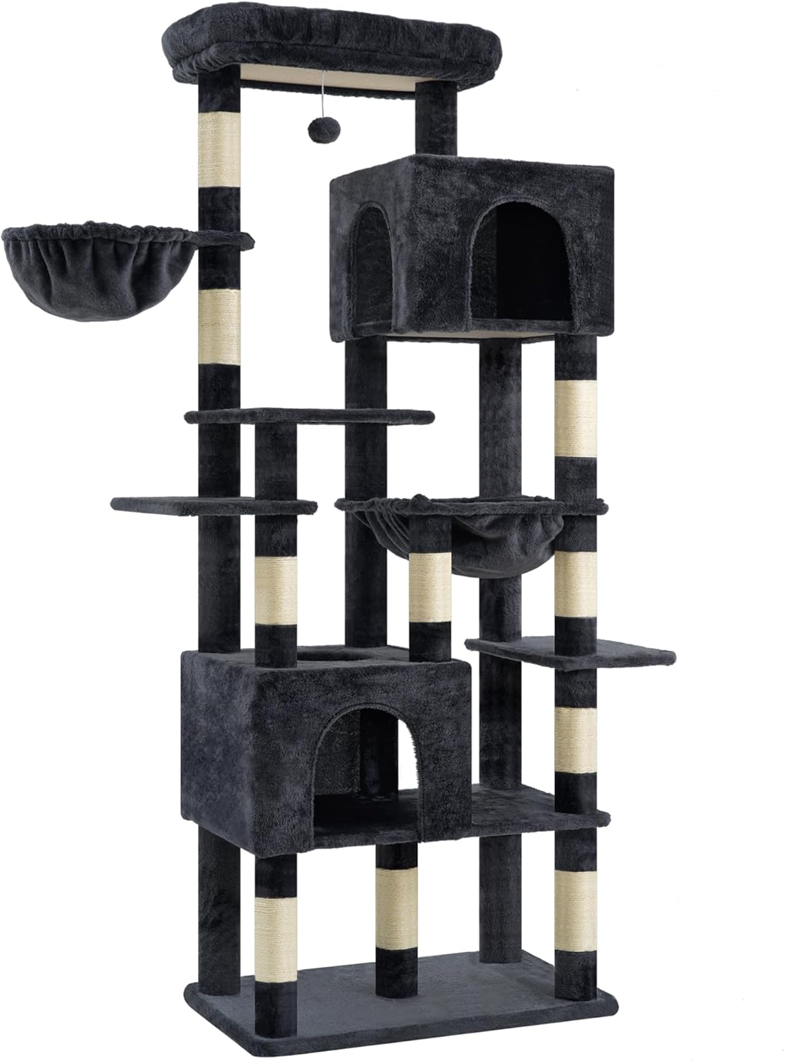 Heybly Cat Tree, 76-Inch Tall Heavy Duty Cat Tower for Big Cats with Extra Wide Baseboard, Multi-Level Large Cat Furniture with 2 Condos & 2 Hammocks, 10 Scratching Posts, Smoky Gray HCT039G - Happypetzone.online - Image 4