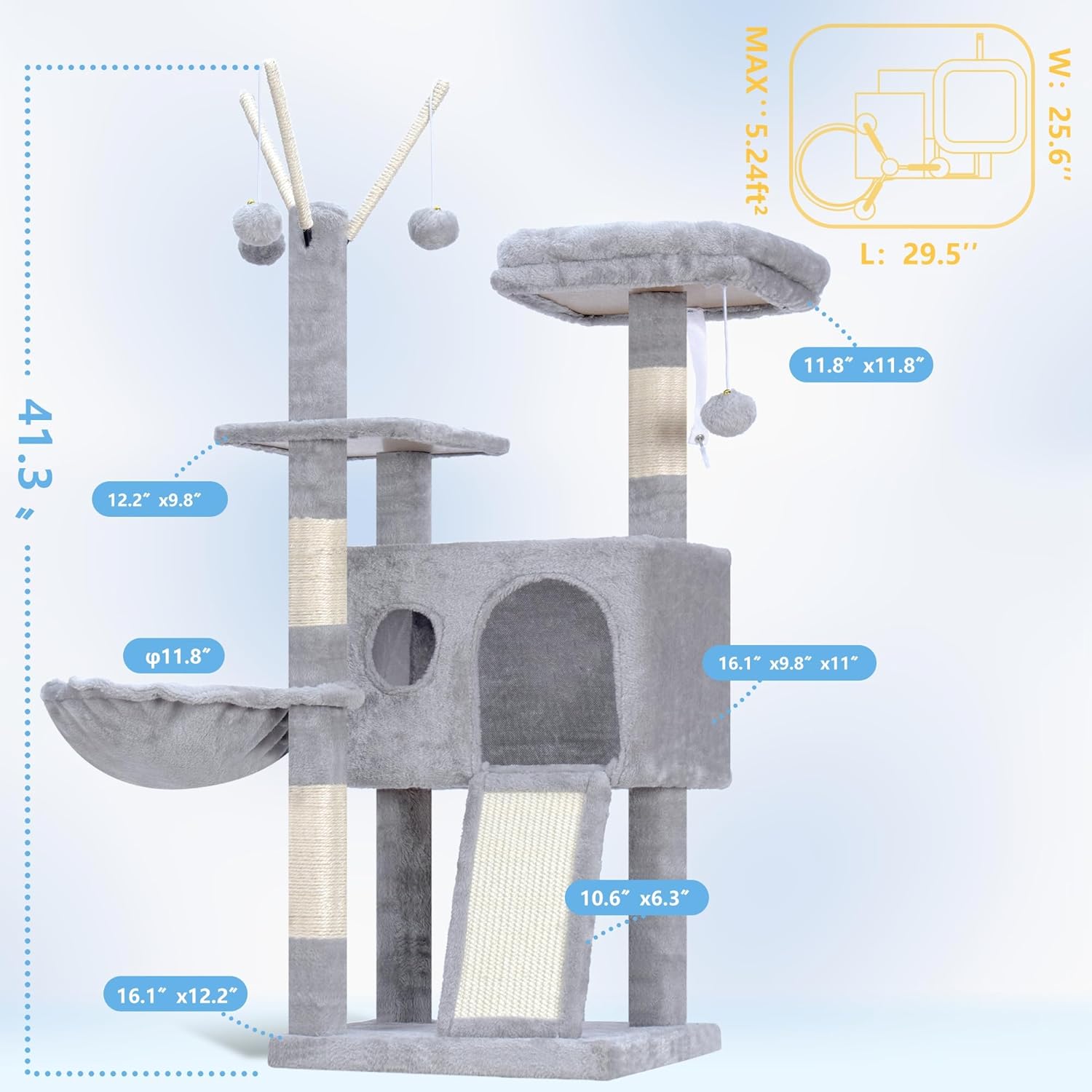 Hey-brother Cat Tree Tower, Scratching Posts with Removable Toys, Cozy Condo, Platform, Hammock, Sisal Scratch Board and Ball for Indoor Kittens, 41.3 Inches, Light Gray MPJ008SW - Happypetzone.online - Image 7