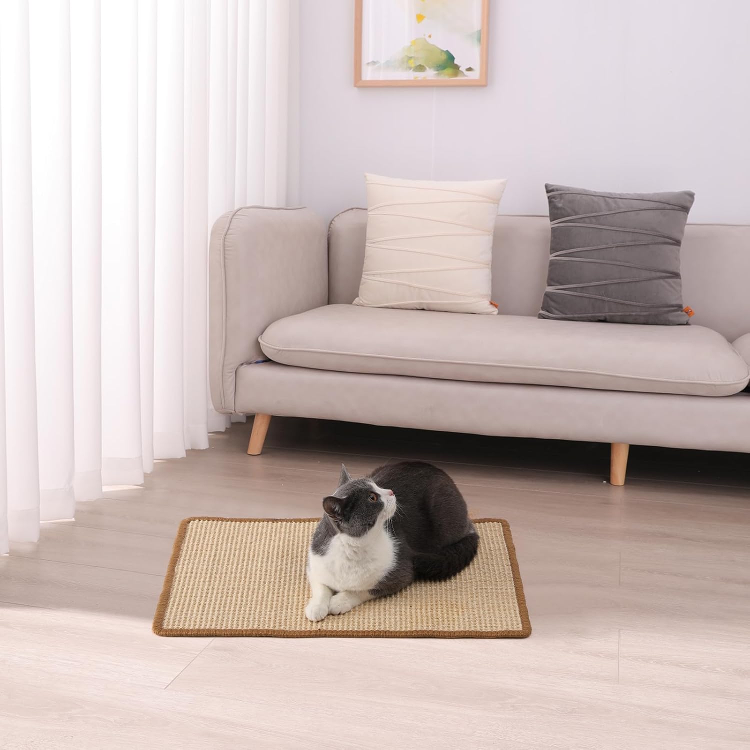 FUKUMARU Cat Scratcher Mat, 23.6 X 15.7 Inch Natural Sisal Cat Scratch Mats, Horizontal Cat Floor Scratching Pad Rug with Sticky Tapes, Protect Sofa and Carpet - Happypetzone.online - Image 6