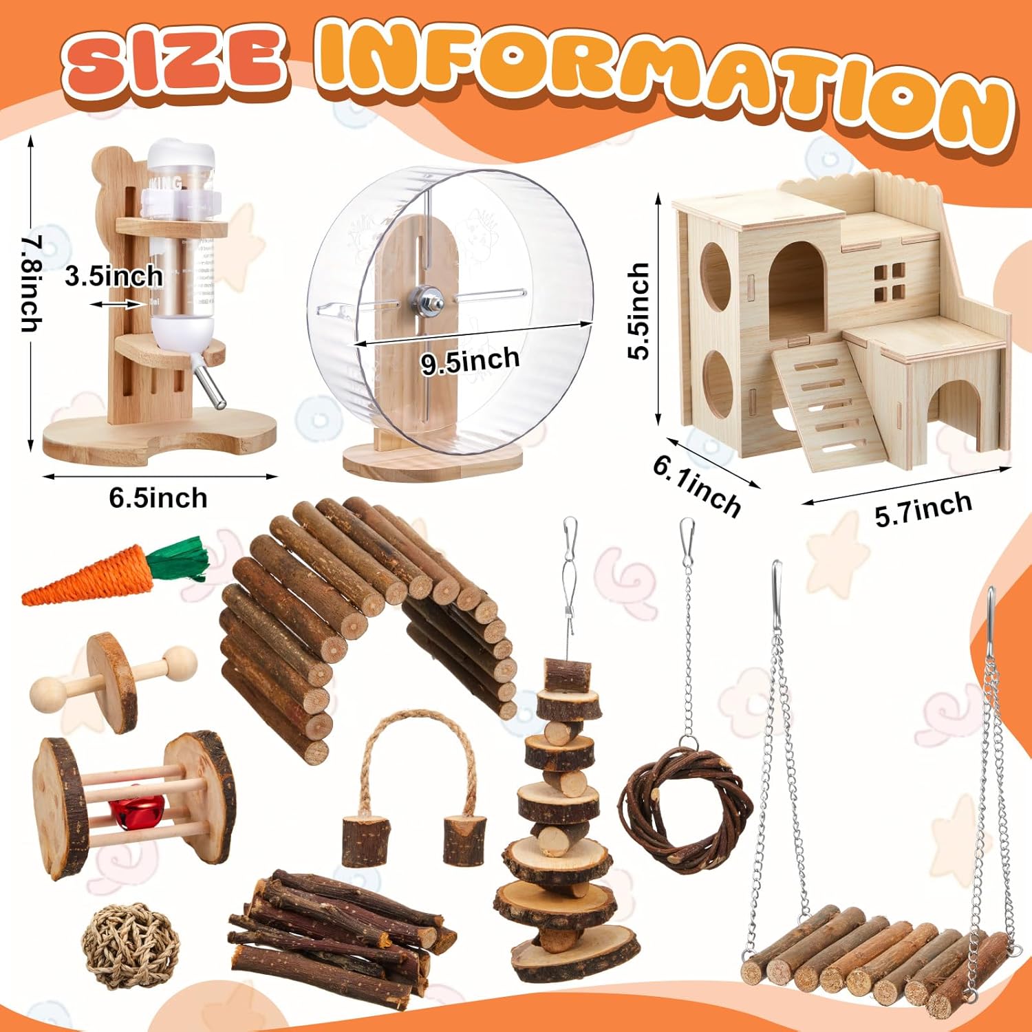18 Pcs Hamster Toys Set, 10 Kinds Small Animal Chewing Toys, Maze Wood House, Silent Exercise Running Wheels and Water Bottle Set for Hamster Habitat Rat Cage Accessories(Mixed Play Style) - Happypetzone.online - Image 5