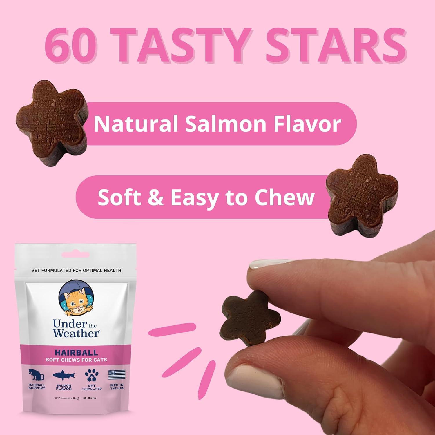 Under The Weather Pet Hairball Support for Cats | for a Normal, Gentle Elimination of Hairballs, Reduce Excessive Licking and Grooming | 60 Star Shaped Soft Chews - Happypetzone.online - Image 3