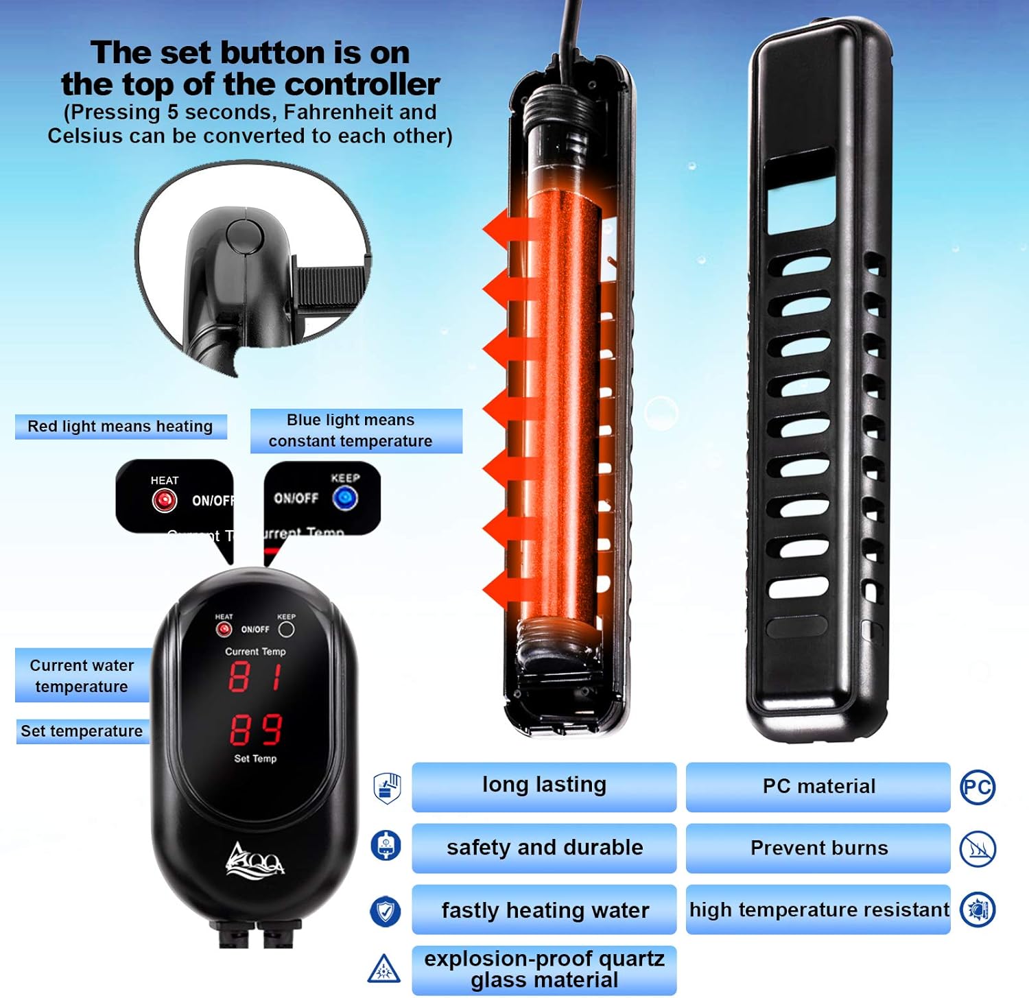 AQQA Submersible Aquarium Heater,100W/200W/300W/500W/800W/1000W/1200W Fish Tank Heater,External Temperature Controller LED Temperature Display,Suitable for Saltwater and Freshwater(100W) - Happypetzone.online - Image 3