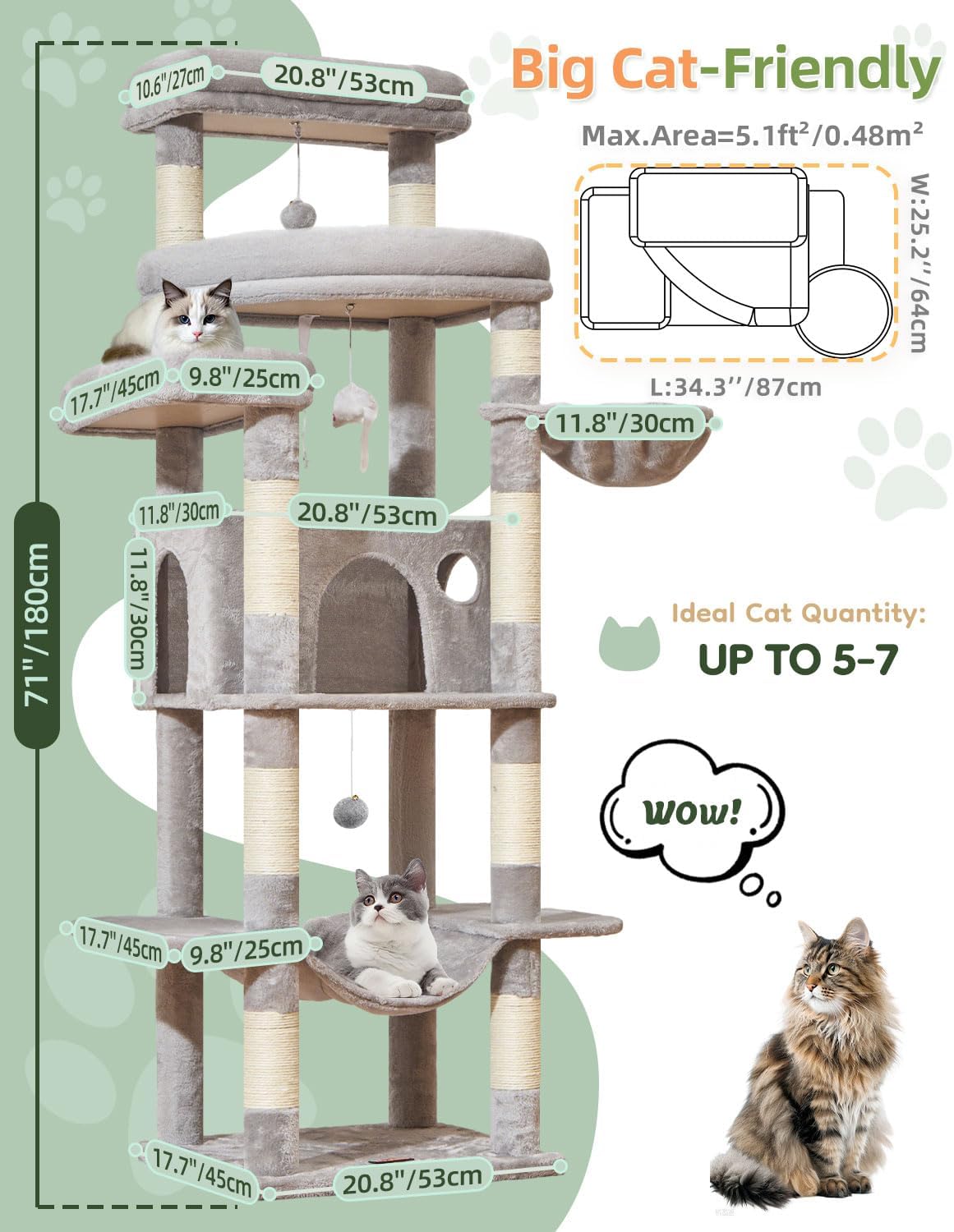 Taoqimiao 71 Inches Cat Tree for Large Cats 20lbs+, 3 Giant Perches, Multi-Level Cat Tree Tower, Widened Cat Condo with 9 Scratching Posts, Luxurious Hammcock & Basket, Light Gray, MS034W - Happypetzone.online - Image 2