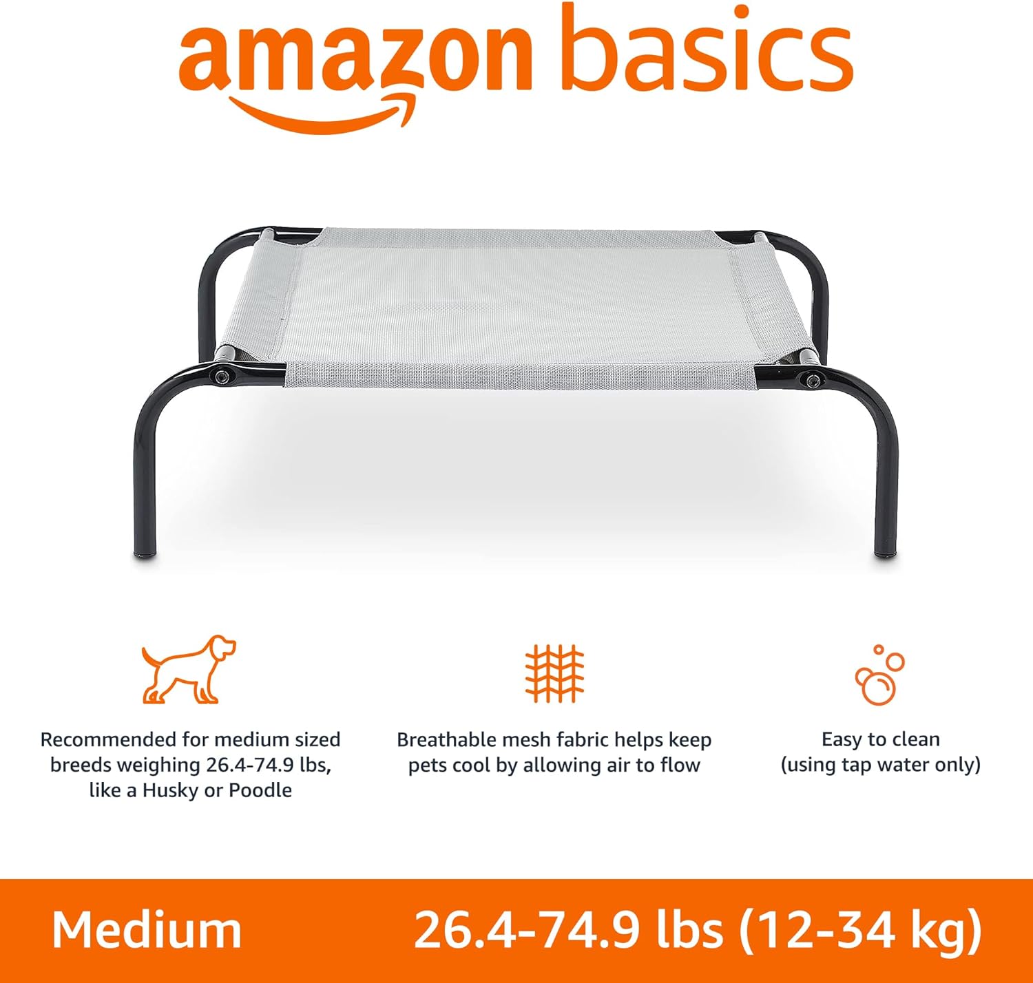Amazon Basics Cooling Breathable Elevated Dog Bed with Durable Metal Frame, Medium, 43 x 26 x 7.5 Inch, Grey, Easy to Assemble - Happypetzone.online - Image 2