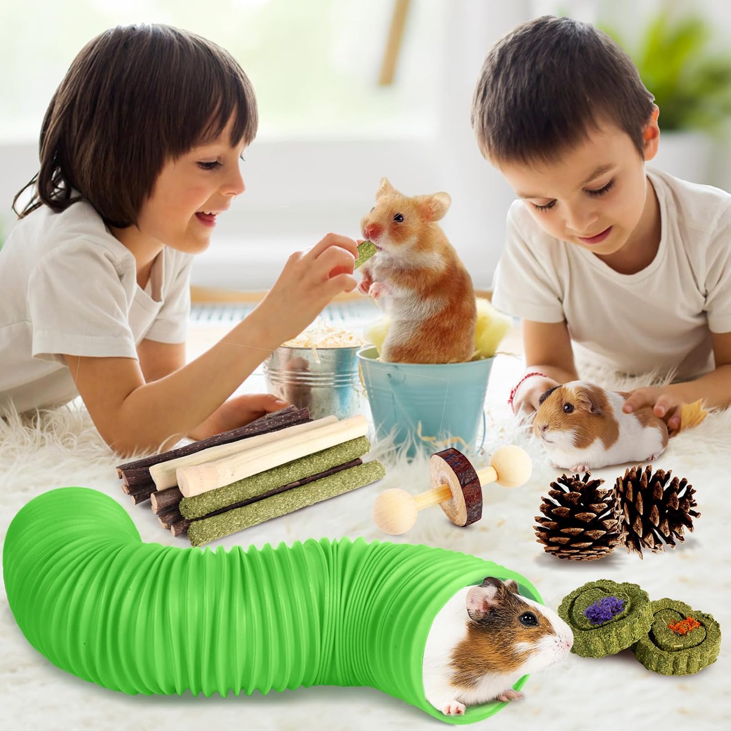 Kyouki Hamster Toys Guinea Pig Toys Set with Tunnel, Chewable Apple Wood & Natural Timothy Hay - Enrichment Chew Toys for Small Animals - 24+ Cage Accessories for Teeth Care & Boredom Relief (Green) - Happypetzone.online - Image 5