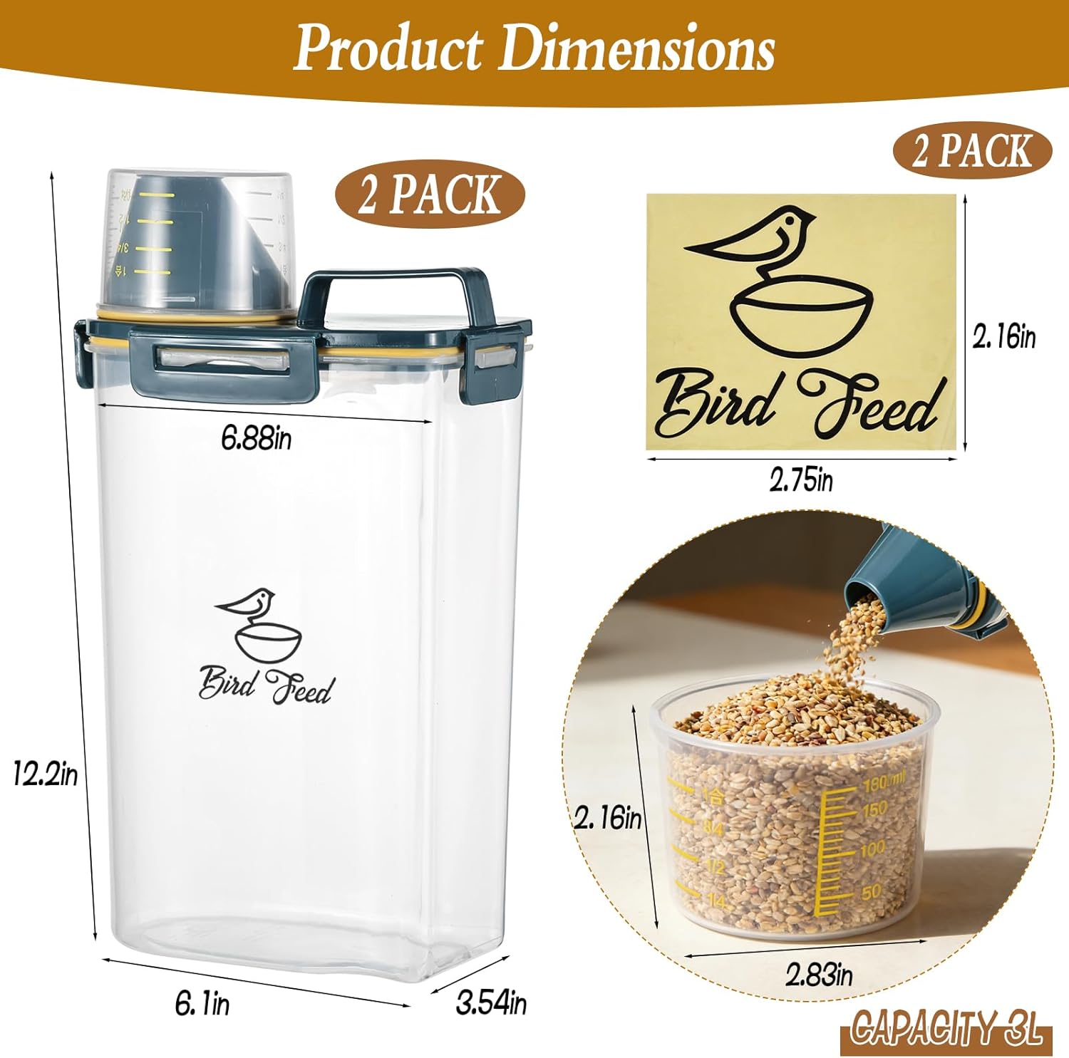 2 Pcs 3.17 Qt/3 L Bird Seed Storage Container Airtight- Portable Bird Food Container with Airtight Measuring Cup, Clear Pet Parrot Seed Dispenser for Birds Food Chicken Feed Storage, Blue Lid - Happypetzone.online - Image 3