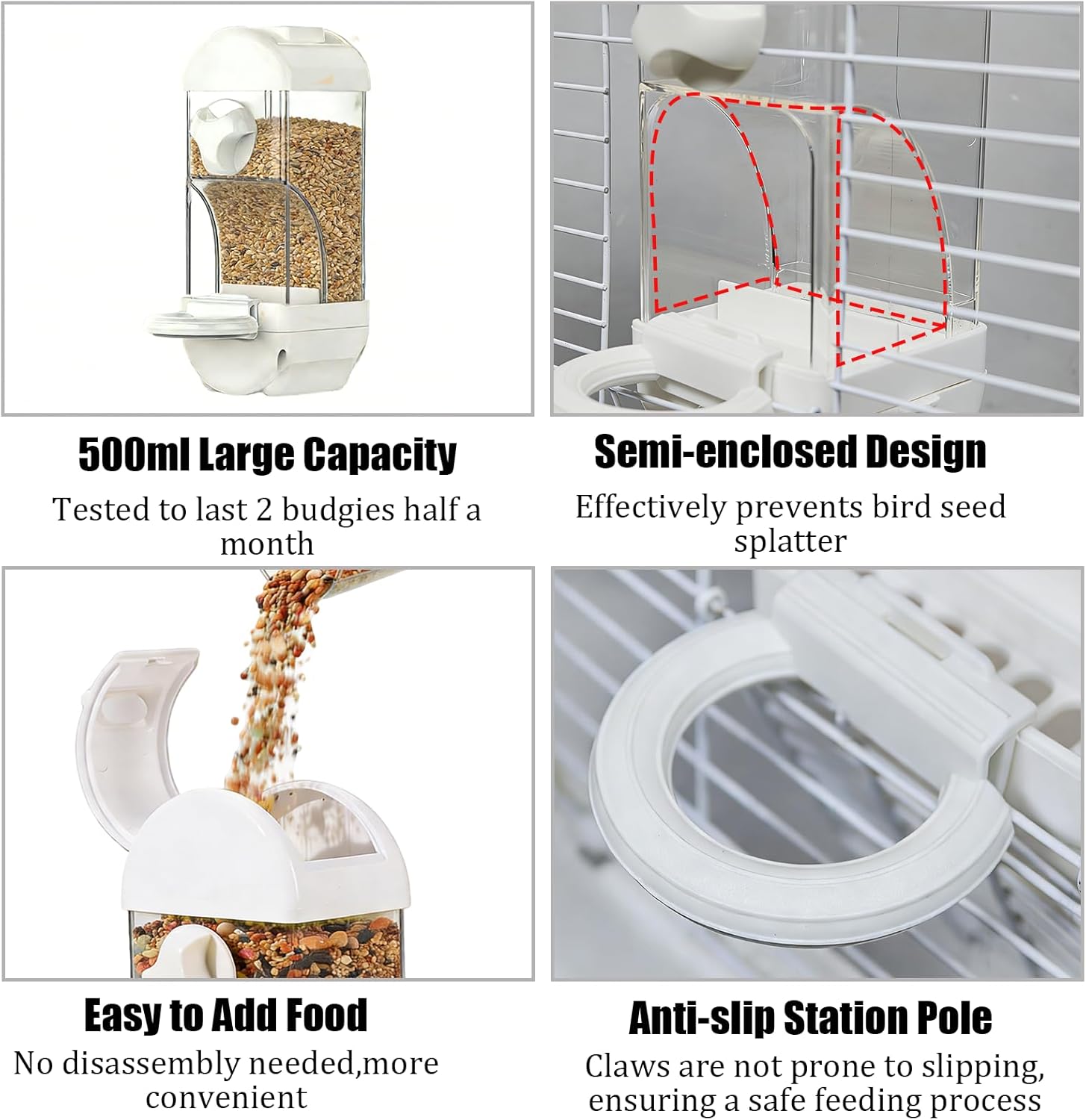 Automatic Bird Feeder Waterer Kit Bird Cage Hanging Waterer Parakeet Leak-Proof Feeder Parrot Vegetable Clips Cage Accessories for Budgies Lovebirds Finches Canaries Parrotlets Conures (White) - Happypetzone.online - Image 5