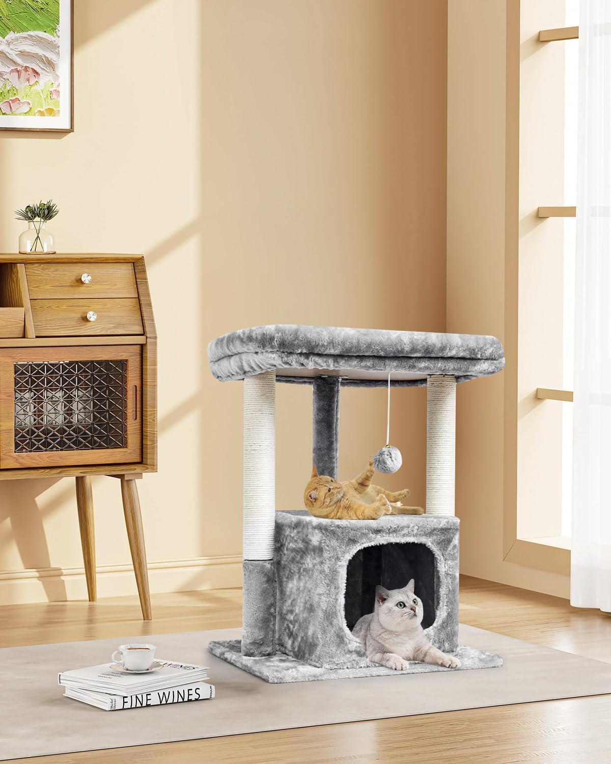 SYANDLVY 27IN Cat Tree for Indoor Cats Large Adult, Modern Activity Tower with Scratching Posts, Condo with Plush Perch, Climbing Stand with Spring Ball for Play, Grey - Happypetzone.online - Image 2