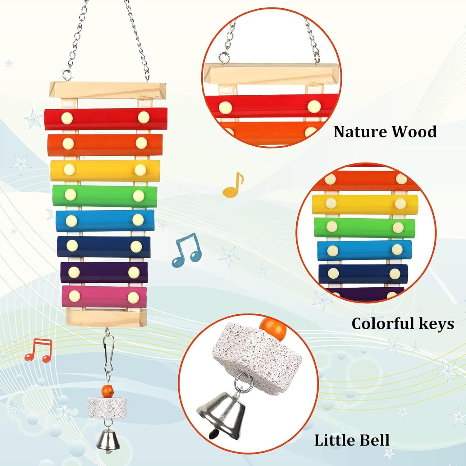 Large Parrot Suspensible Xylophone Toy, Multicolored Natural Wooden Bird Chewing Toys with Grinding Stone for Large, Medium Birds, Macaws, African Grey, Cockatoos, Amazon - Happypetzone.online - Image 6