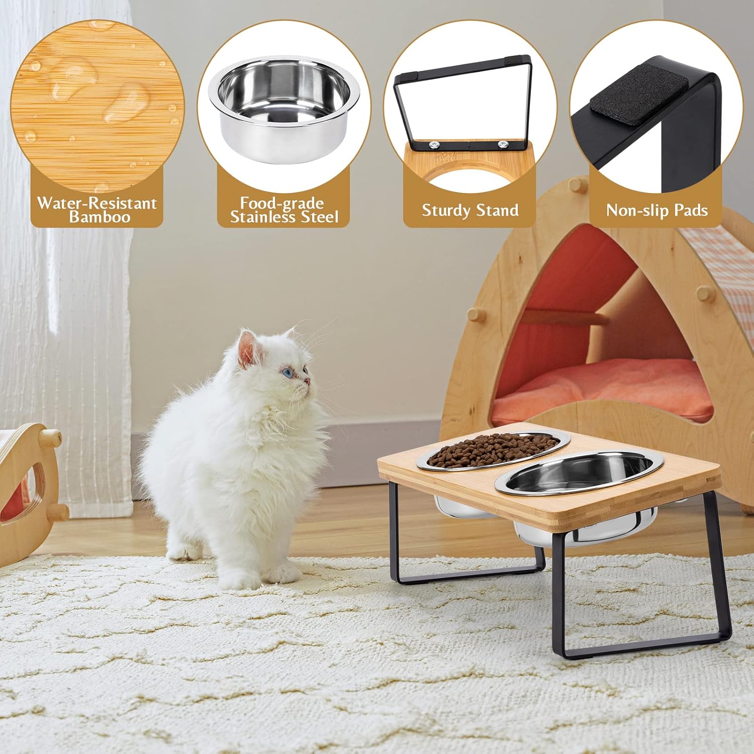 Cat Food Bowl for Indoor Cats - Elevated Stainless Steel Water Bowl, Tilted Raised Kitten Dish Set for Whisker Friendly and Anti Vomit, Feeding Station for Puppy and Pet - Happypetzone.online - Image 4