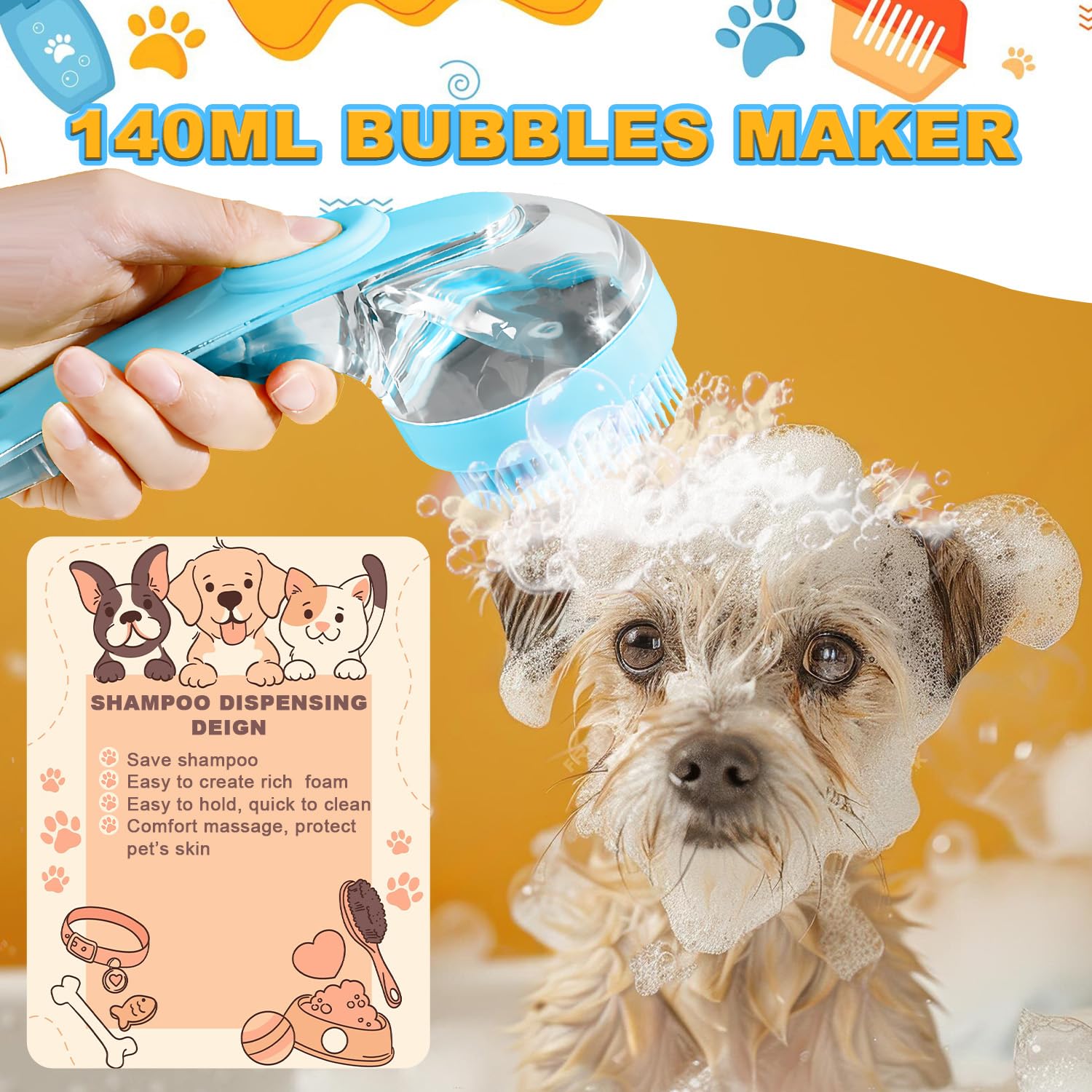3Pcs Dog Bath Brush, Dog Scrubber for Bath, Dog Shampoo Brush Bubble Maker, Dog Paw Washer, dog grooming Massage Brush with Adjustable Ring Handle, dog accessories for Short & Long Hair -Blue - Happypetzone.online - Image 2