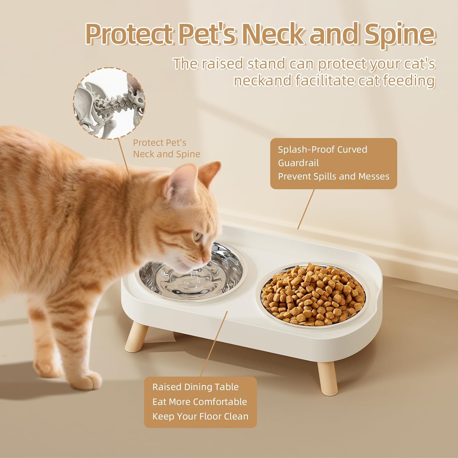 Elevated Cat Bowl, Raised Cat Food and Water Bowl Set for Indoor Cats, Splash Proof with 2 Stainless Steel Pet Food Bowls for Cats and Puppies, Whisker Fatigue and Dishwasher Safe - White - Happypetzone.online - Image 3