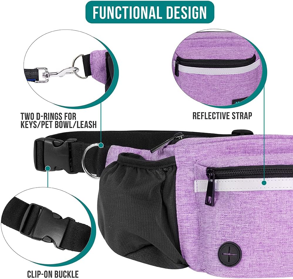 PetAmi Dog Fanny Pack, Treat Pouch for Dog Walking, Training, Built in Poop Bag Dispenser, Water Bottle Holder, Collapsible Bowl, Pet Treat Waist Belt for Hiking, Running, Kibbles (Purple) - Happypetzone.online - Image 4