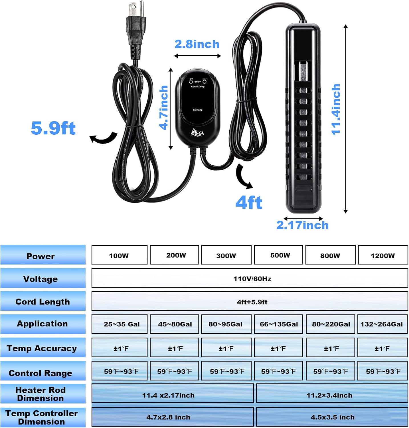 AQQA Submersible Aquarium Heater,100W/200W/300W/500W/800W/1000W/1200W Fish Tank Heater,External Temperature Controller LED Temperature Display,Suitable for Saltwater and Freshwater(100W) - Happypetzone.online - Image 7