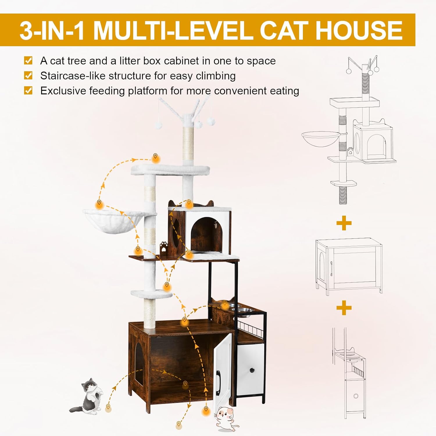 Snughome Cat Tree with Litter Box Enclosure, 3-in-1 Modern Cat Tower for Indoor Cats, 67.32’’ Hidden Cat Litter Box Furniture with Cat Condo, Food Station and Hammocks, All-in-one Cat Furniture - Happypetzone.online - Image 7