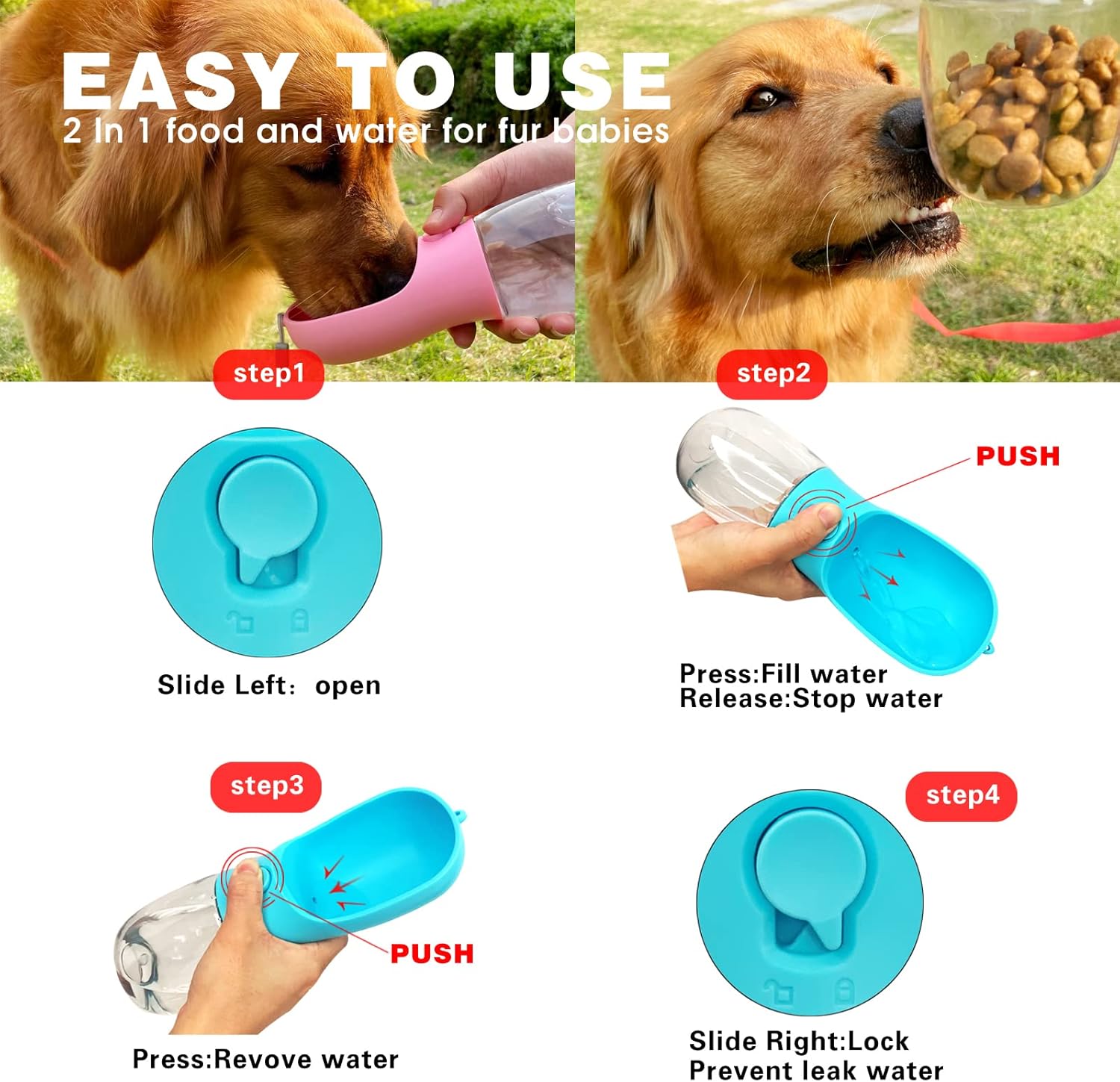 Dog Water Bottle with Food Container, Portable Leak Proof Pet Water Dispenser for Walking Hiking Travel, Puppy Essentials Accessories for Small Large Dogs, Dog Gifts (10oz/15oz/19oz) - Happypetzone.online - Image 4