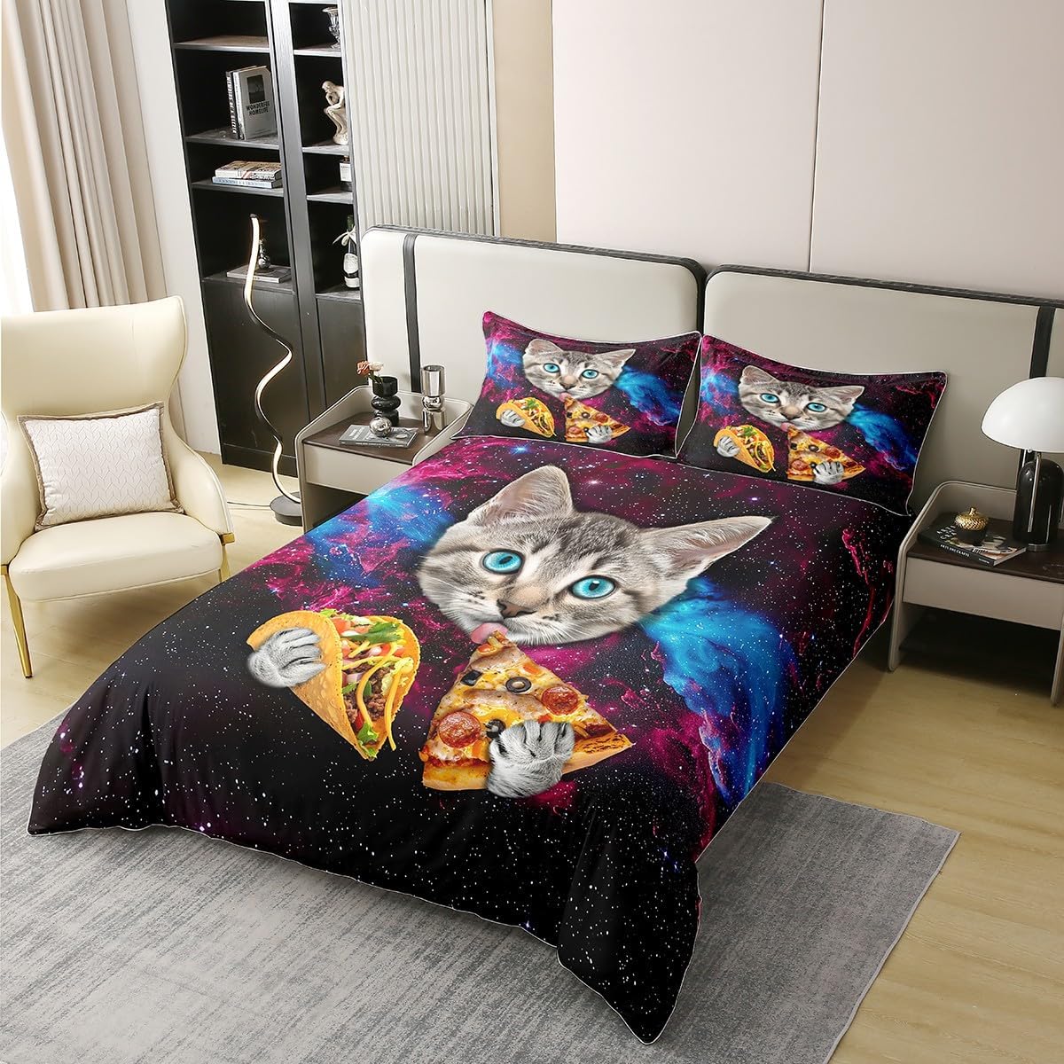 Erosebridal 100% Organic Cotton Kids Cute 3D Cat Duvet Cover Queen Size,Pizza Food Bedding Set,Outer Space Universe Comforter Cover,Kawaii Pet Animal Bedspread Cover with 2 Pillowcases,Soft Warm - Happypetzone.online - Image 2